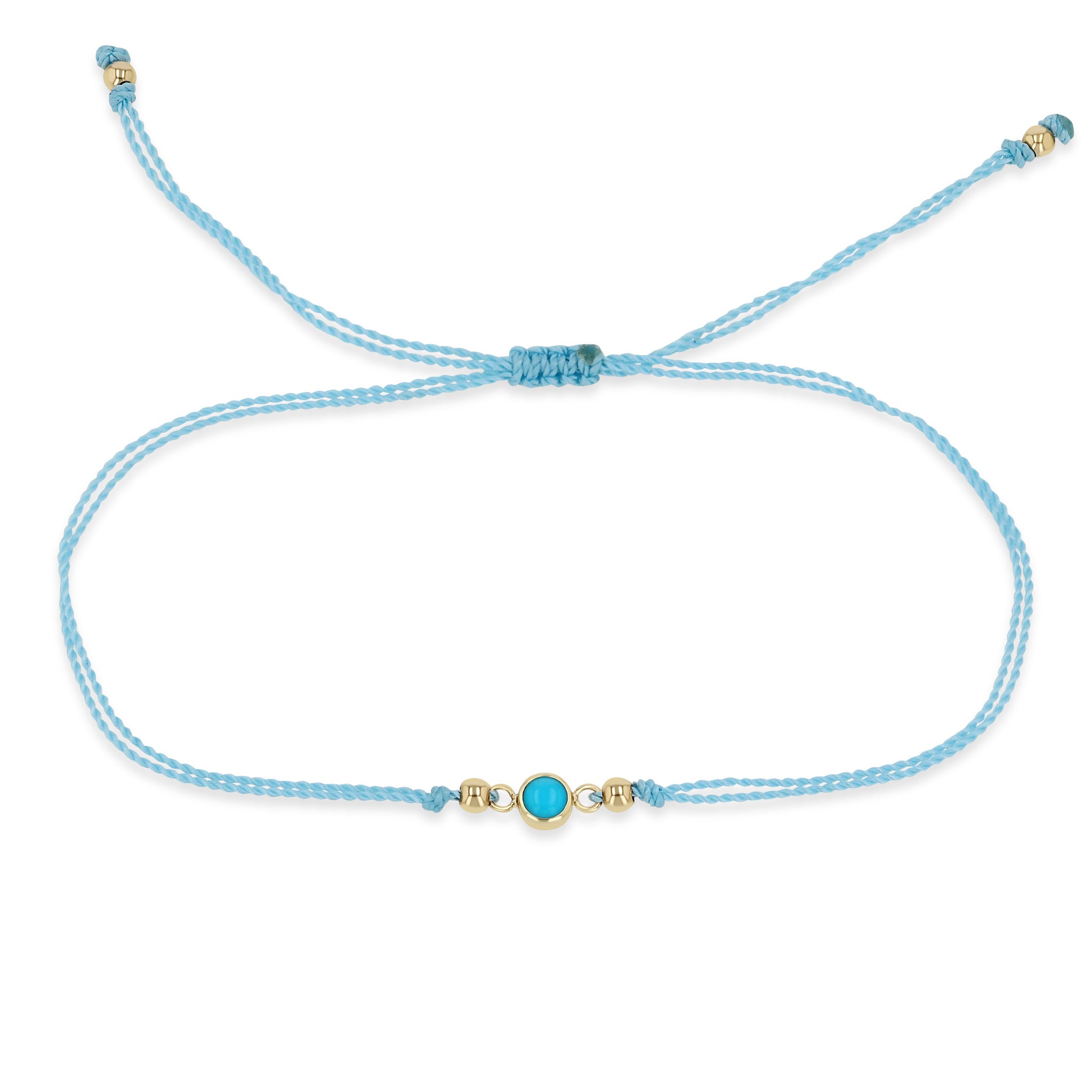 Zoe Chicco 14k gold adjustable cord bracelet with a bezel set turquoise on a white background