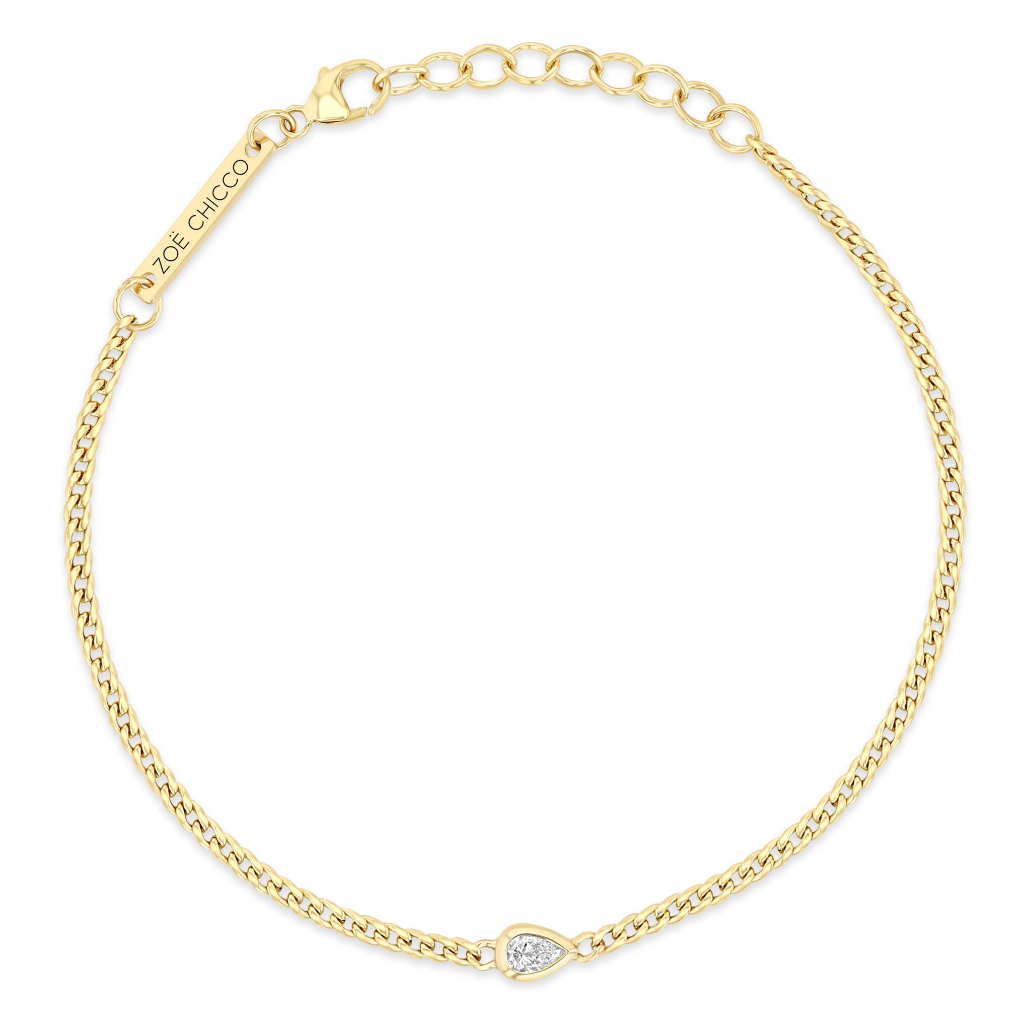 top down view of a Zoë Chicco 14k Gold Pear Diamond XS Curb Chain Bracelet