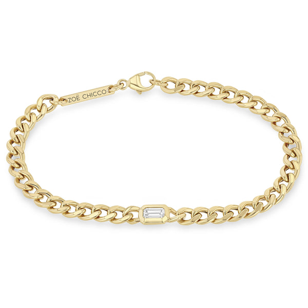 14k Medium Curb Chain Emerald Cut Diamond Bracelet