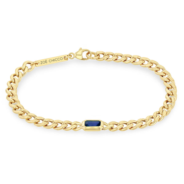 Zoë Chicco 14k Gold Medium Curb Chain Emerald Cut Blue Sapphire Bezel Bracelet