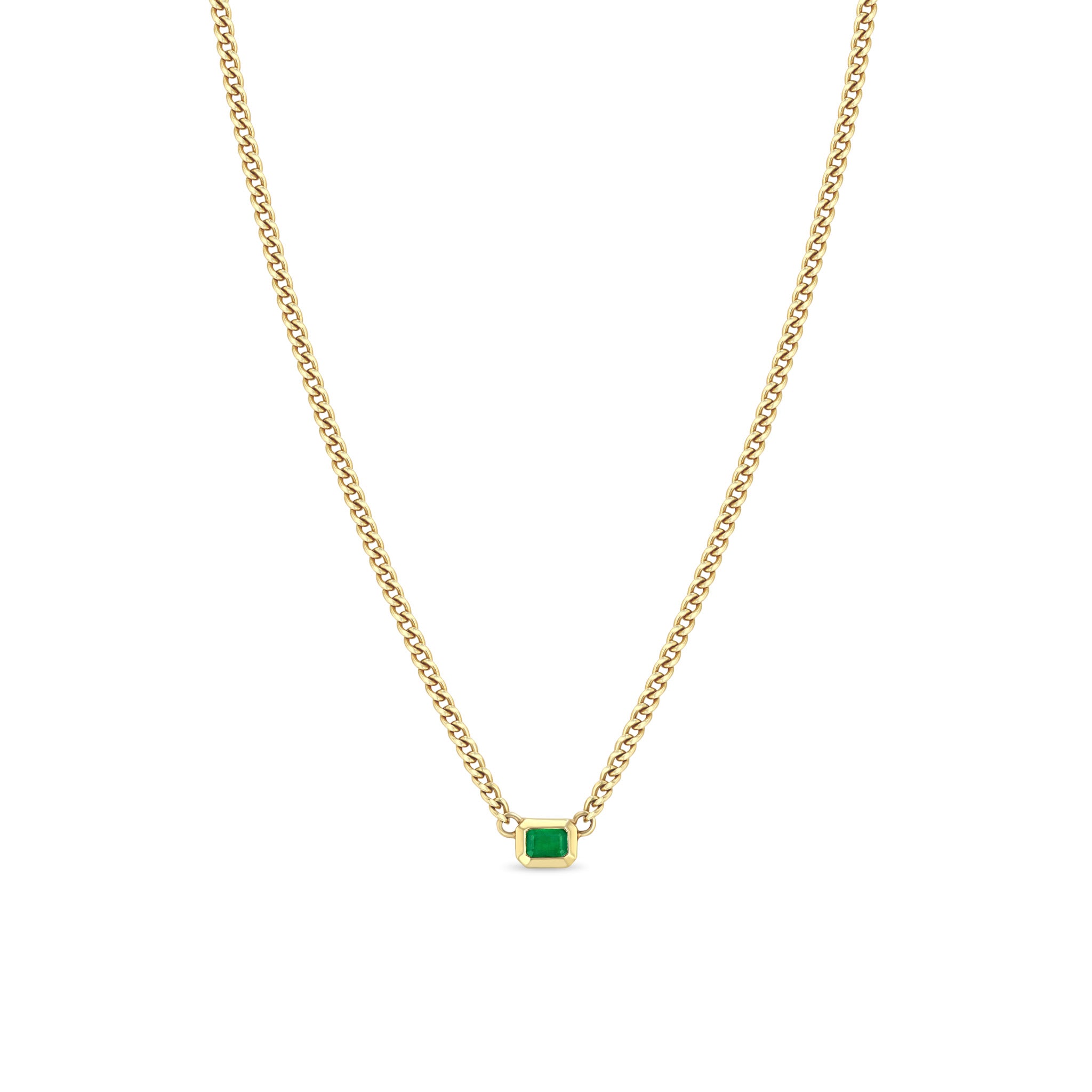 Zoë Chicco 14k Gold XS Curb Chain Emerald Cut Emerald Bezel Necklace
