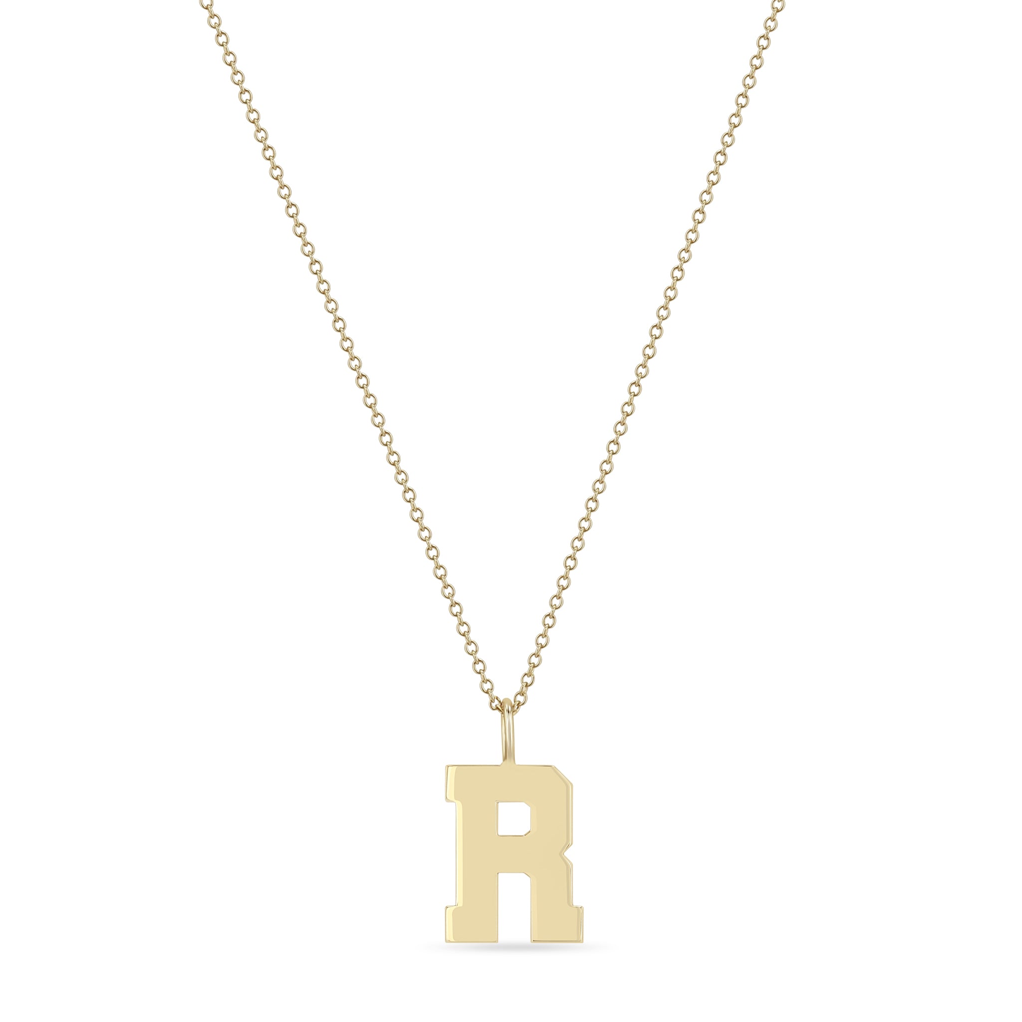 Zoe Chicco 14k gold large varsity initial chain necklace on a white background