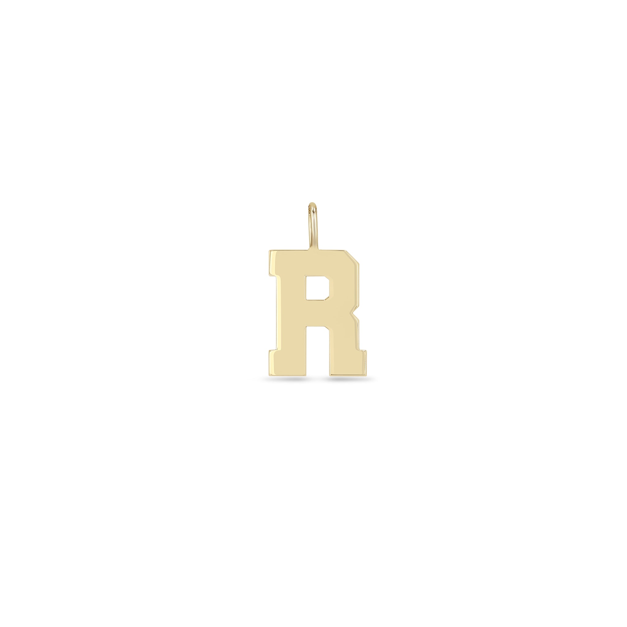 Zoe Chicco 14k gold varsity letter 'R' pendant on a white background