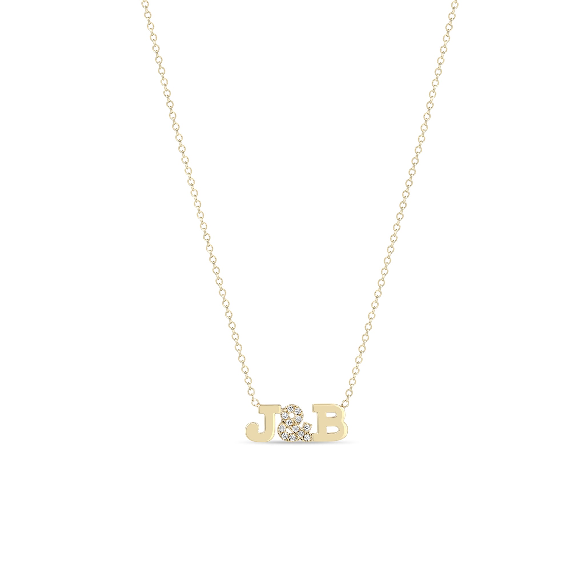 Zoe Chicco 14k gold initial necklace with 'J&B' letters and pave diamond ampersand on a white background