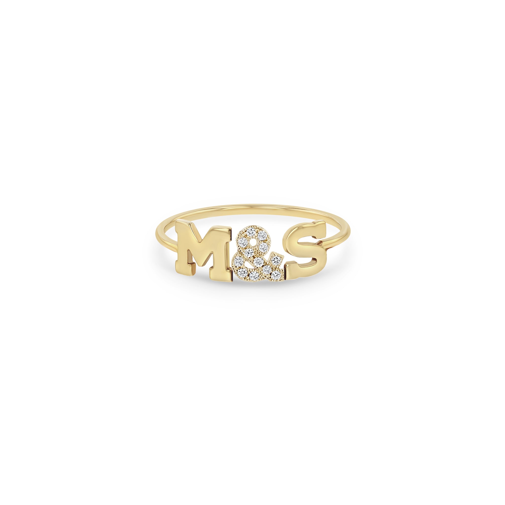 Zoe Chicco 14k gold ring with 'M&S' letters and a pave diamond ampersand on a white background