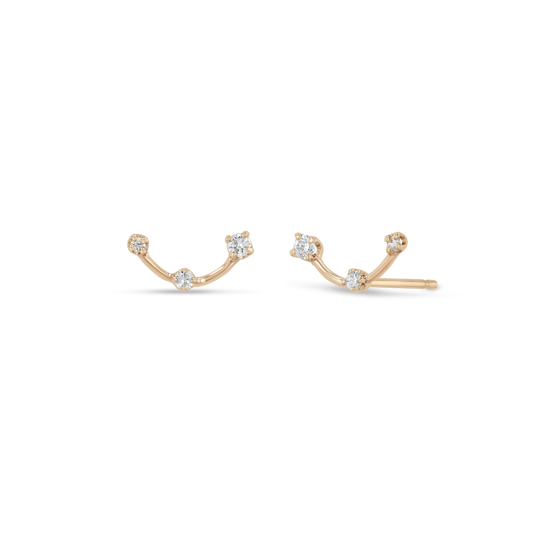 Zoe Chicco 14k Rose Gold Graduating Prong Diamond Dash Curved Studs on a white background
