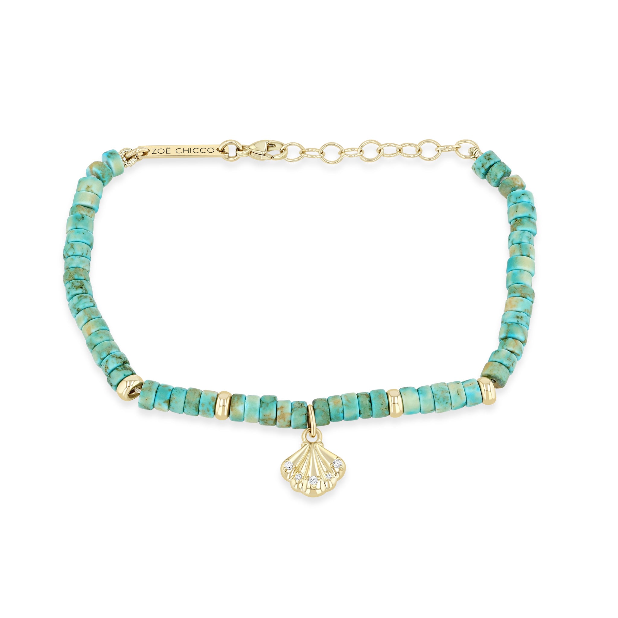 Zoë Chicco 14k Gold & Light Turquoise Heishi Bead Seashell Charm Bracelet