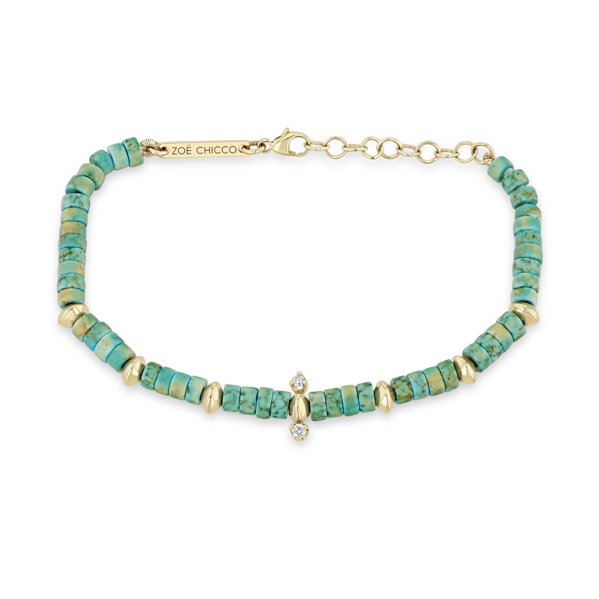 Zoë Chicco 14k Gold & Light Turquoise Heishi Bead Bracelet with 2 Prong Diamonds