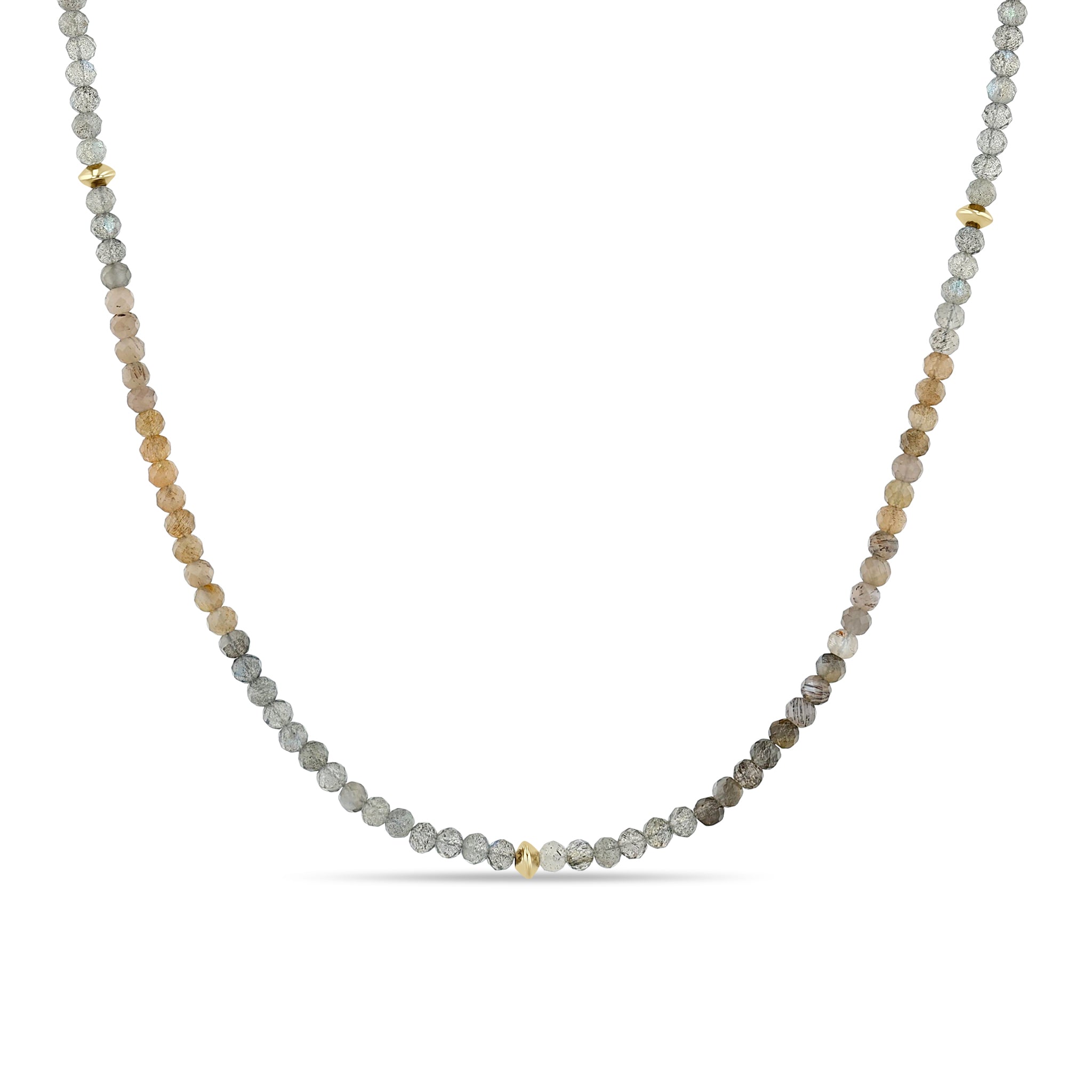 Zoe Chicco 14k Mixed Moonstone & Labradorite Gemstone Necklace with small gold bead stations on a white background