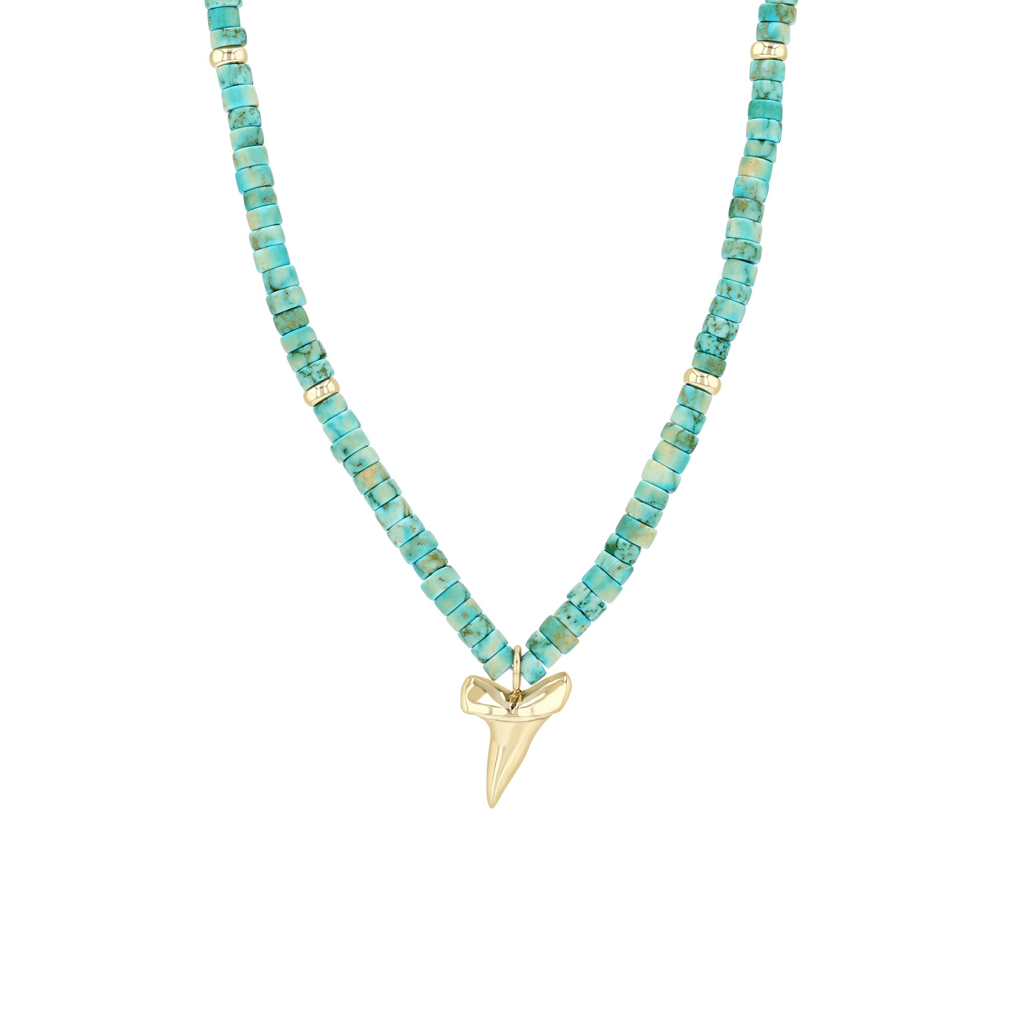 Zoë Chicco 14k Gold & Light Turquoise Heishi Bead Shark Tooth Necklace