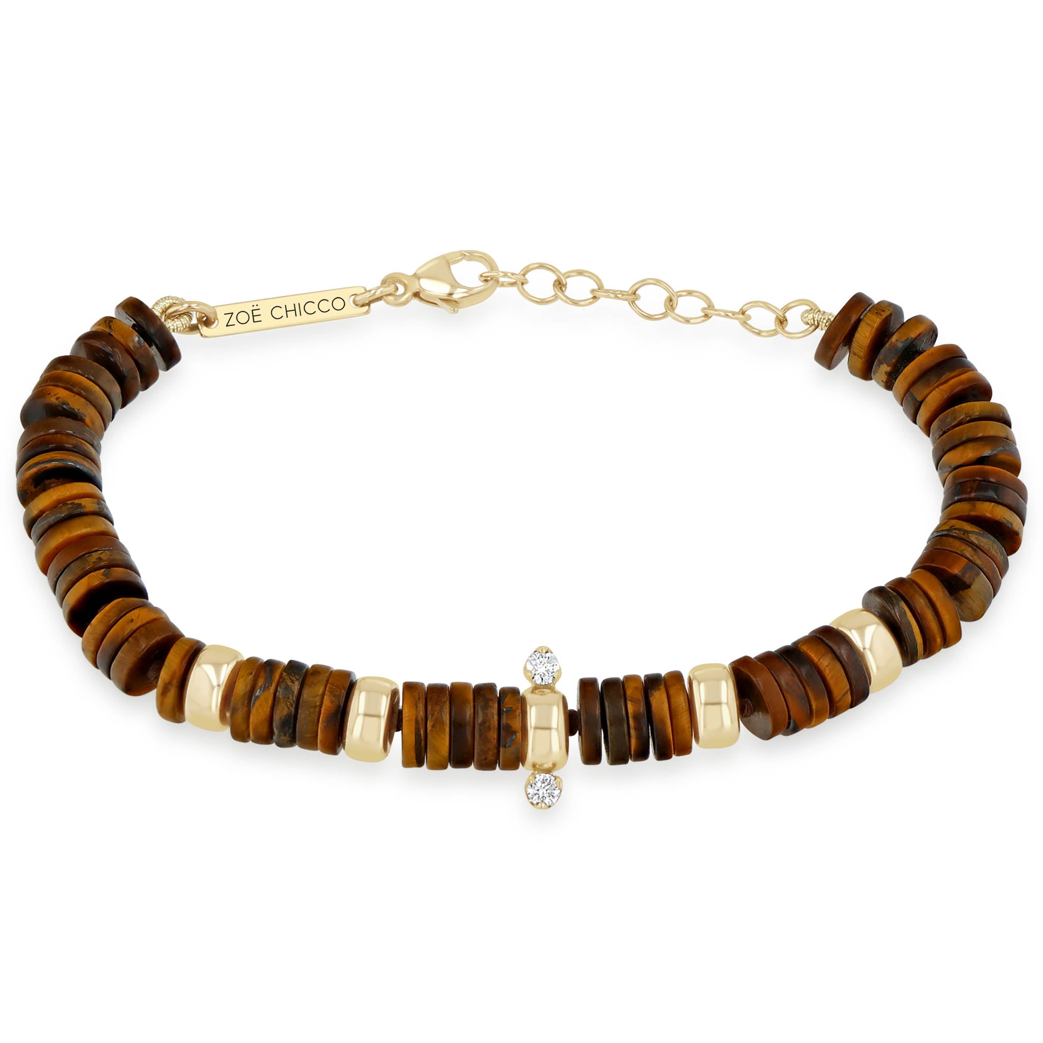 Zoe Chicco 14k Gold & Tiger Eye Heishi Bead Bracelet with 2 Prong Diamonds