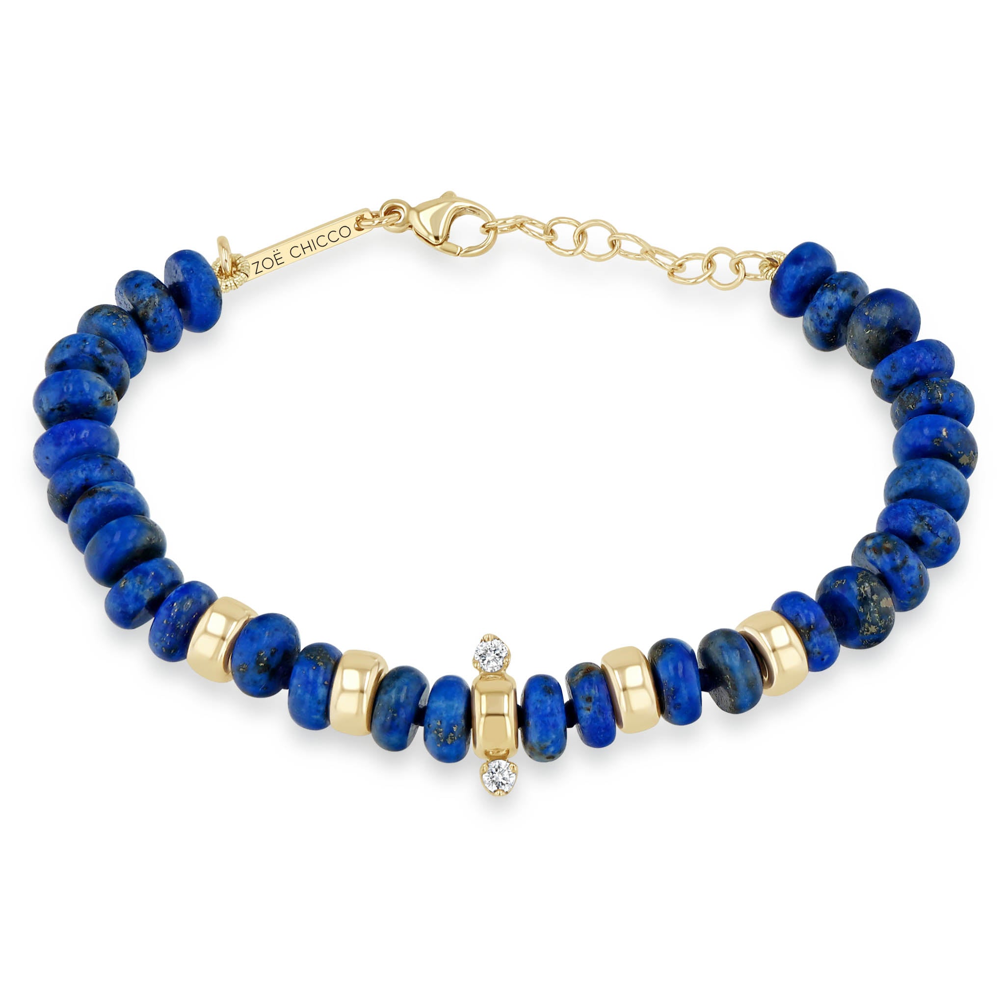 Zoe Chicco 14k Gold & Lapis Rondelle Bead Bracelet with 2 Prong Diamonds