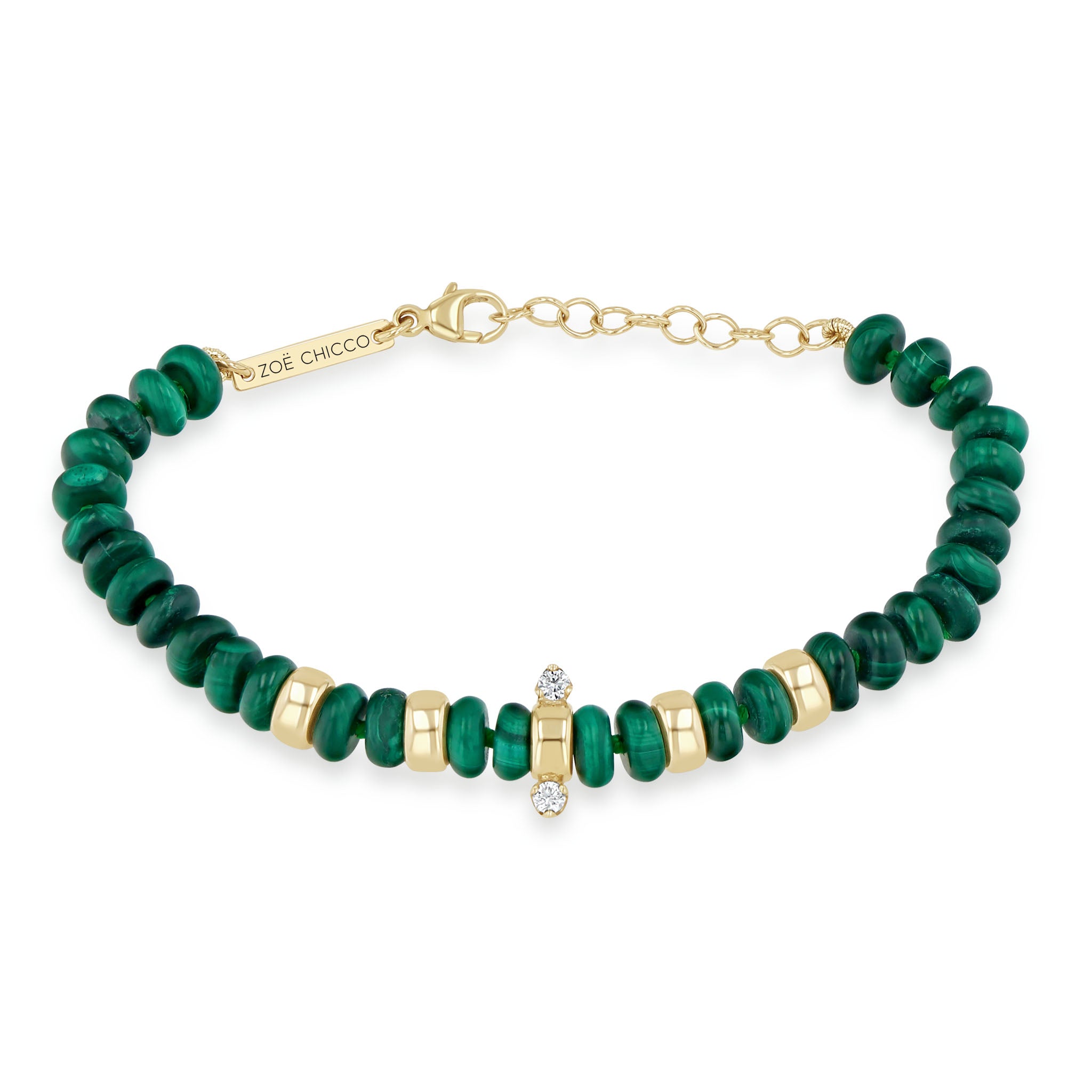 Zoë Chicco 14k Gold & Malachite Rondelle Bead Bracelet with 2 Prong Diamonds