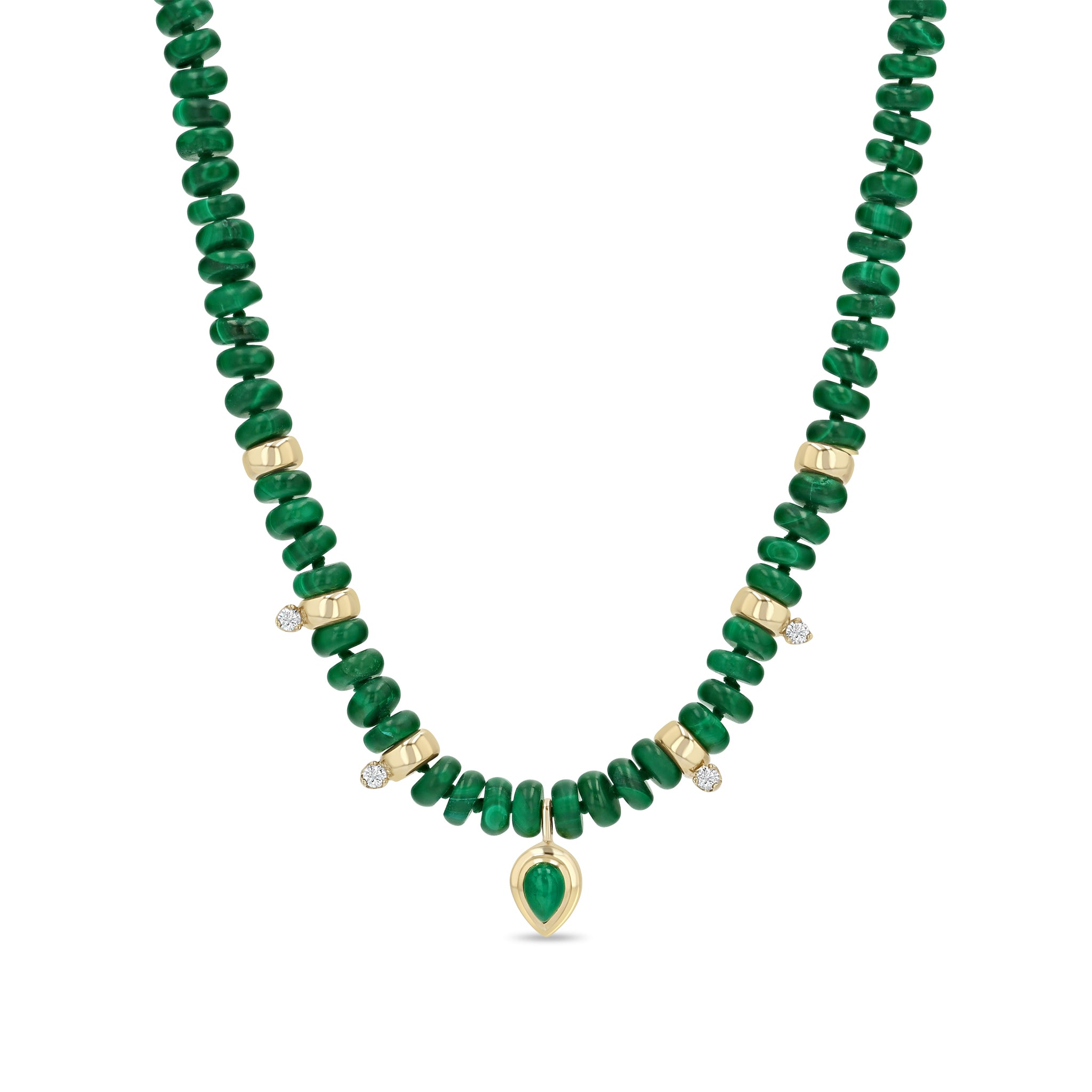 14k Pear Malachite Pendant Rondelle Bead Necklace with 4 Prong Diamonds