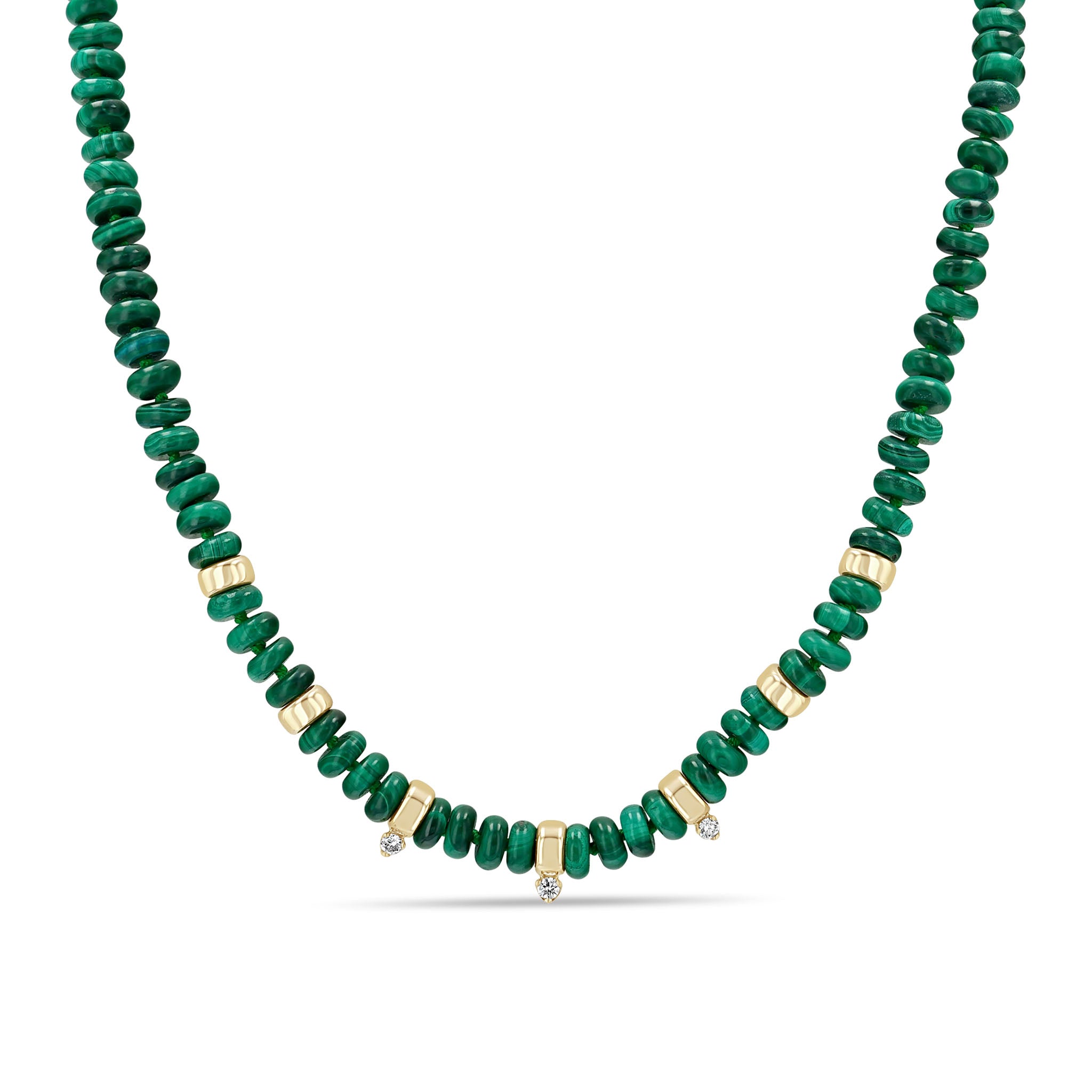 Zoë Chicco 14k Gold & Malachite Rondelle Bead Necklace with 3 Prong Diamonds