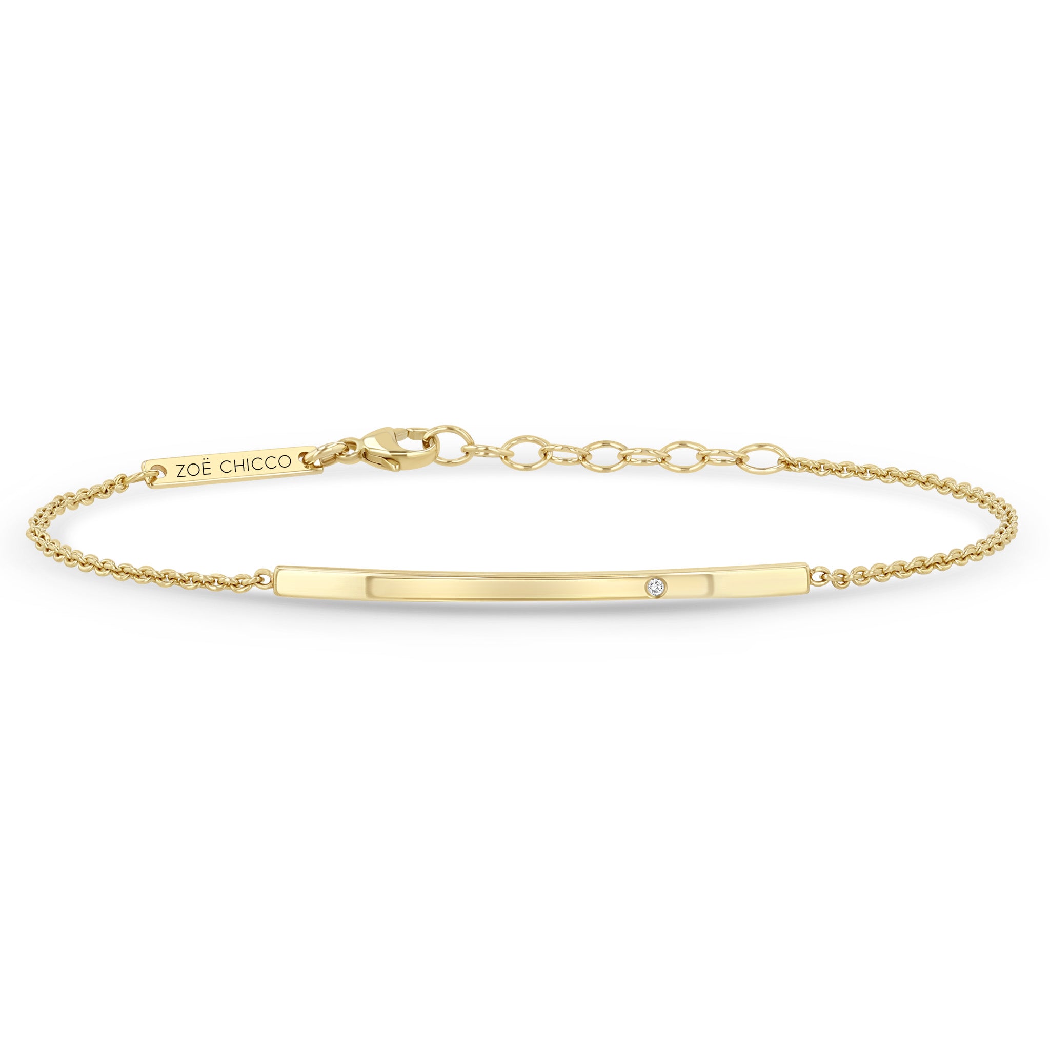 Zoe Chicco 14k gold bar chain bracelet with a single diamond on a white background