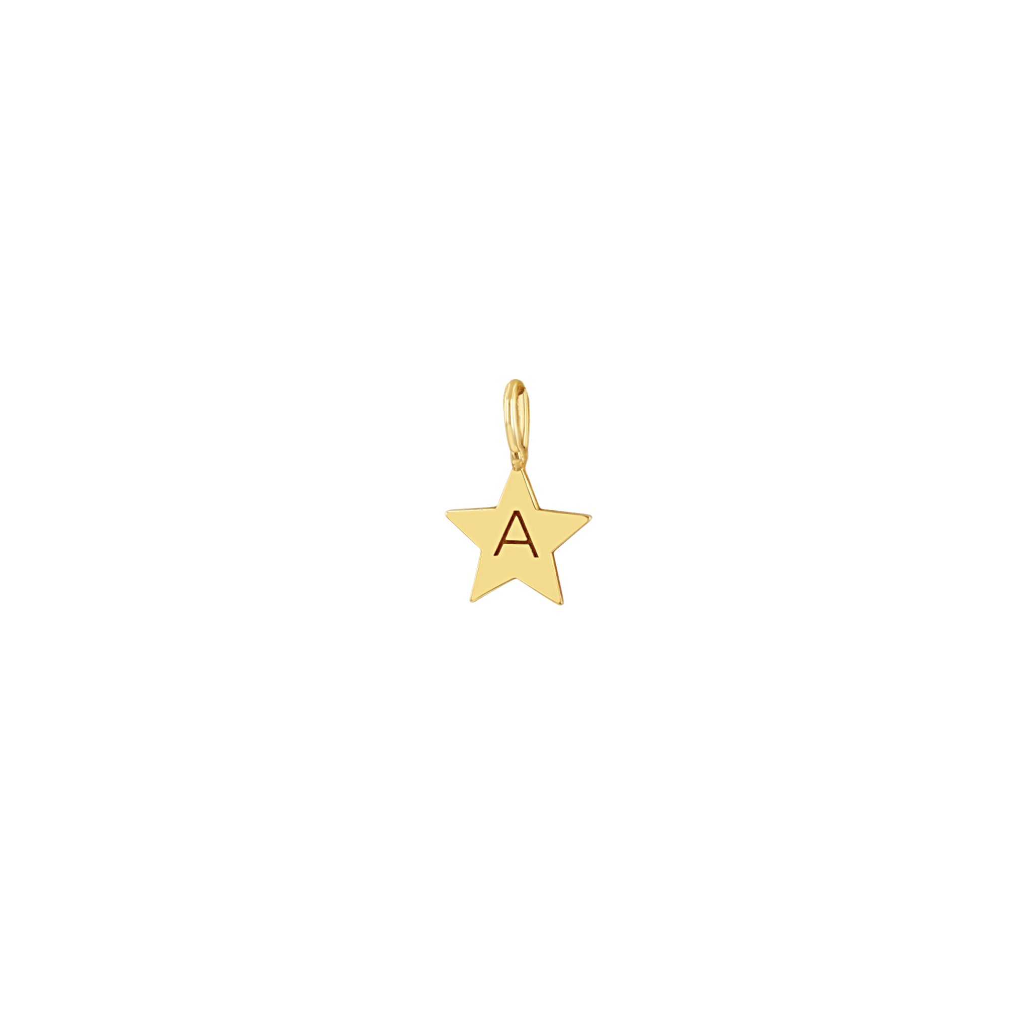 Zoe Chicco 14k gold star-shaped charm pendant with a letter 'A' engraved, on a white background