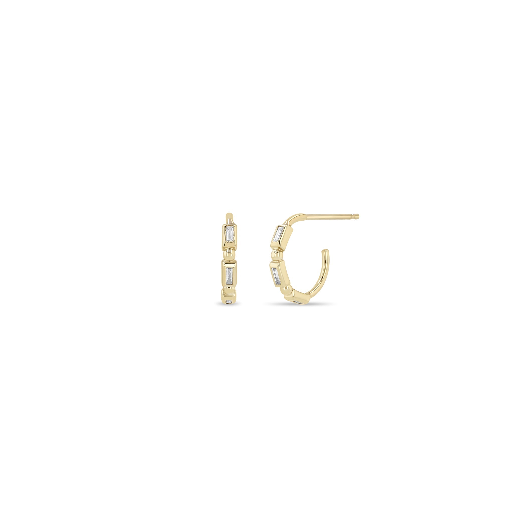 Zoe Chicco 14k gold small hoop earrings with baguette diamonds and alternating beads on a white background