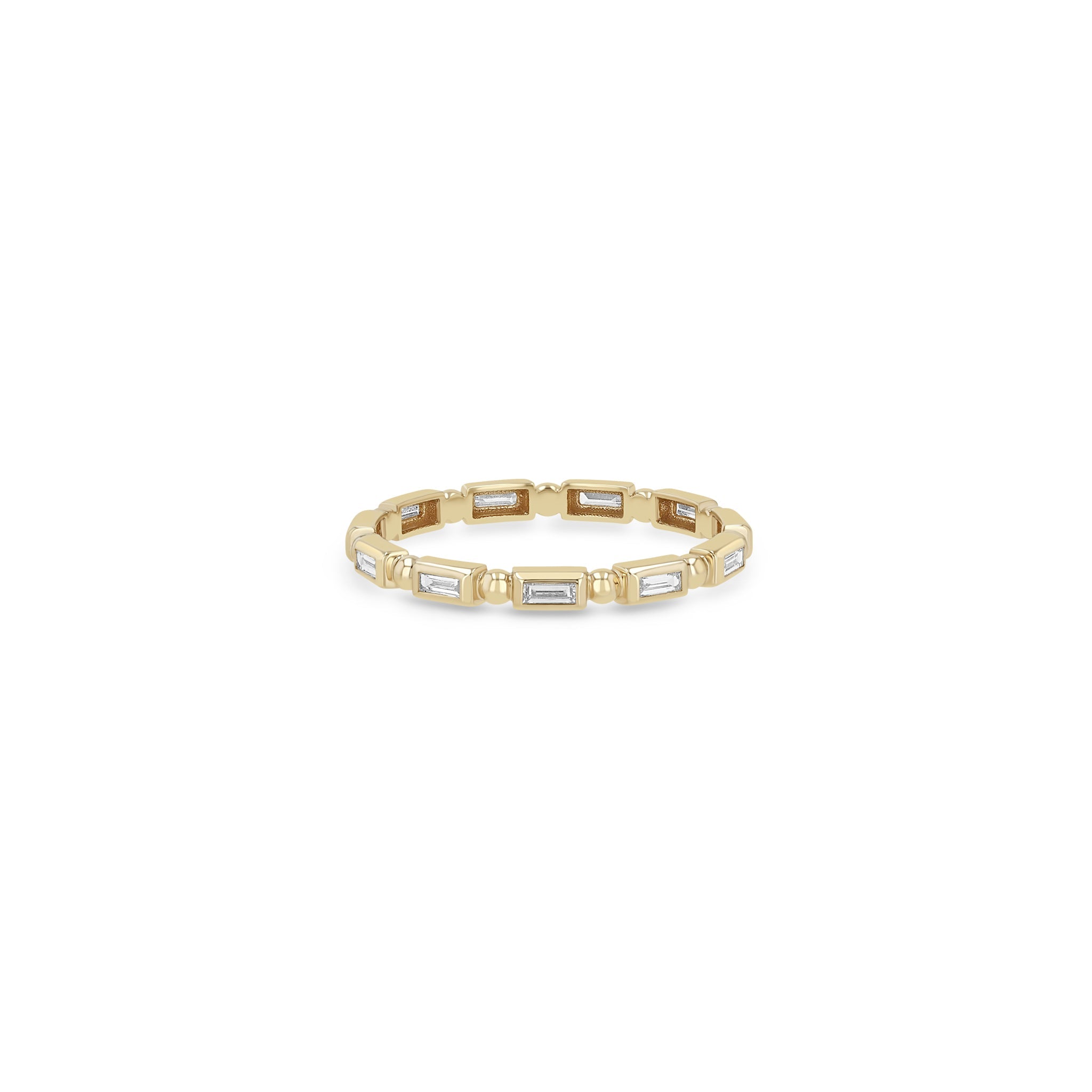 Zoe Chicco 14k gold baguette and alternating bead eternity band ring on a white background