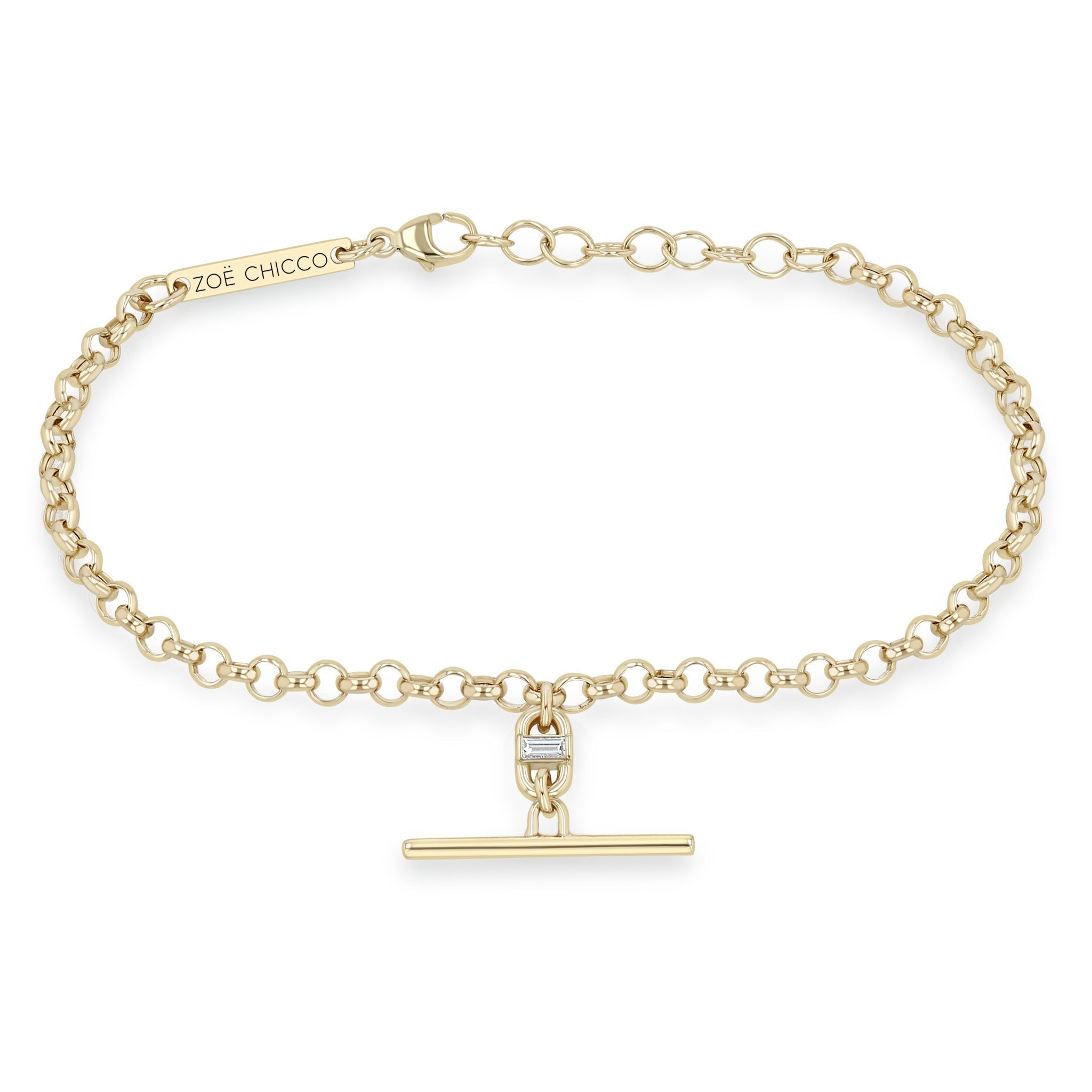 Zoe Chicco 14k gold rolo chain bracelet with an open link drop bar toggle with a single small baguette diamond on a white background
