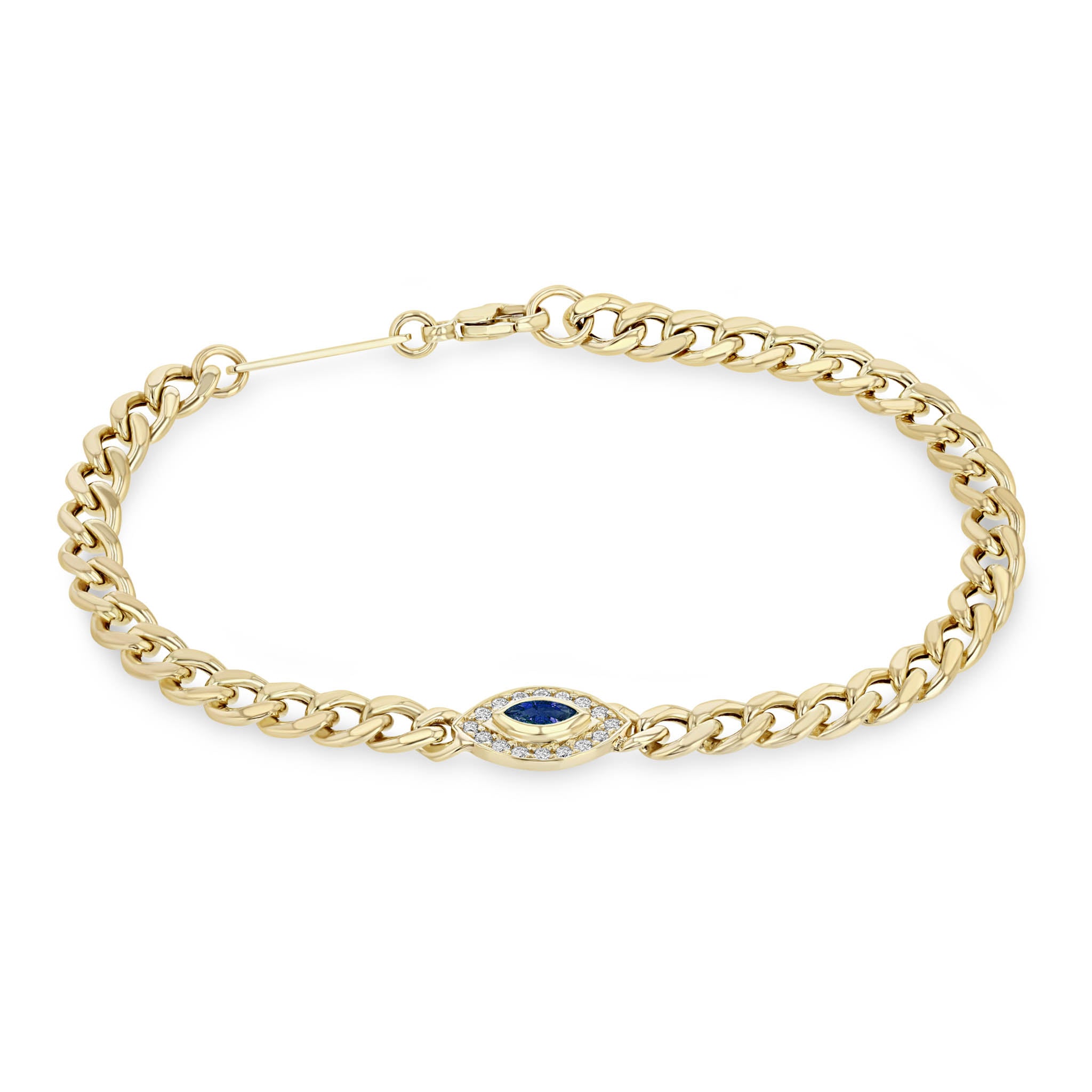 Zoë Chicco 14k Gold Medium Curb Chain Marquise Blue Sapphire Halo Bracelet