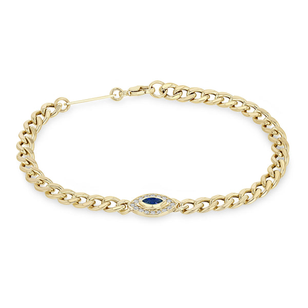 Zoë Chicco 14k Gold Medium Curb Chain Marquise Blue Sapphire Halo Bracelet