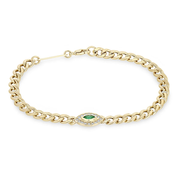 Zoë Chicco 14k Gold Medium Curb Chain Marquise Emerald Halo Bracelet