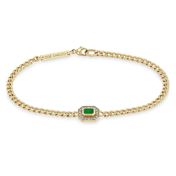Zoë Chicco 14k Gold Small Curb Chain Emerald Cut Emerald Halo Bracelet