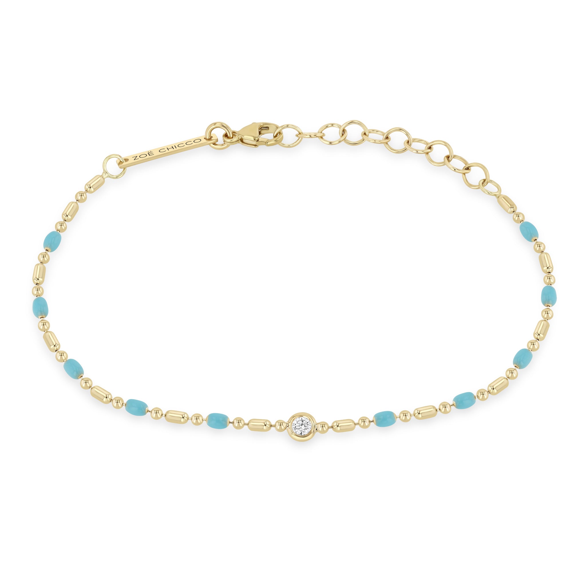 Zoë Chicco 14k Gold Floating Diamond & Turquoise Enamel Tube Bar Chain Bracelet