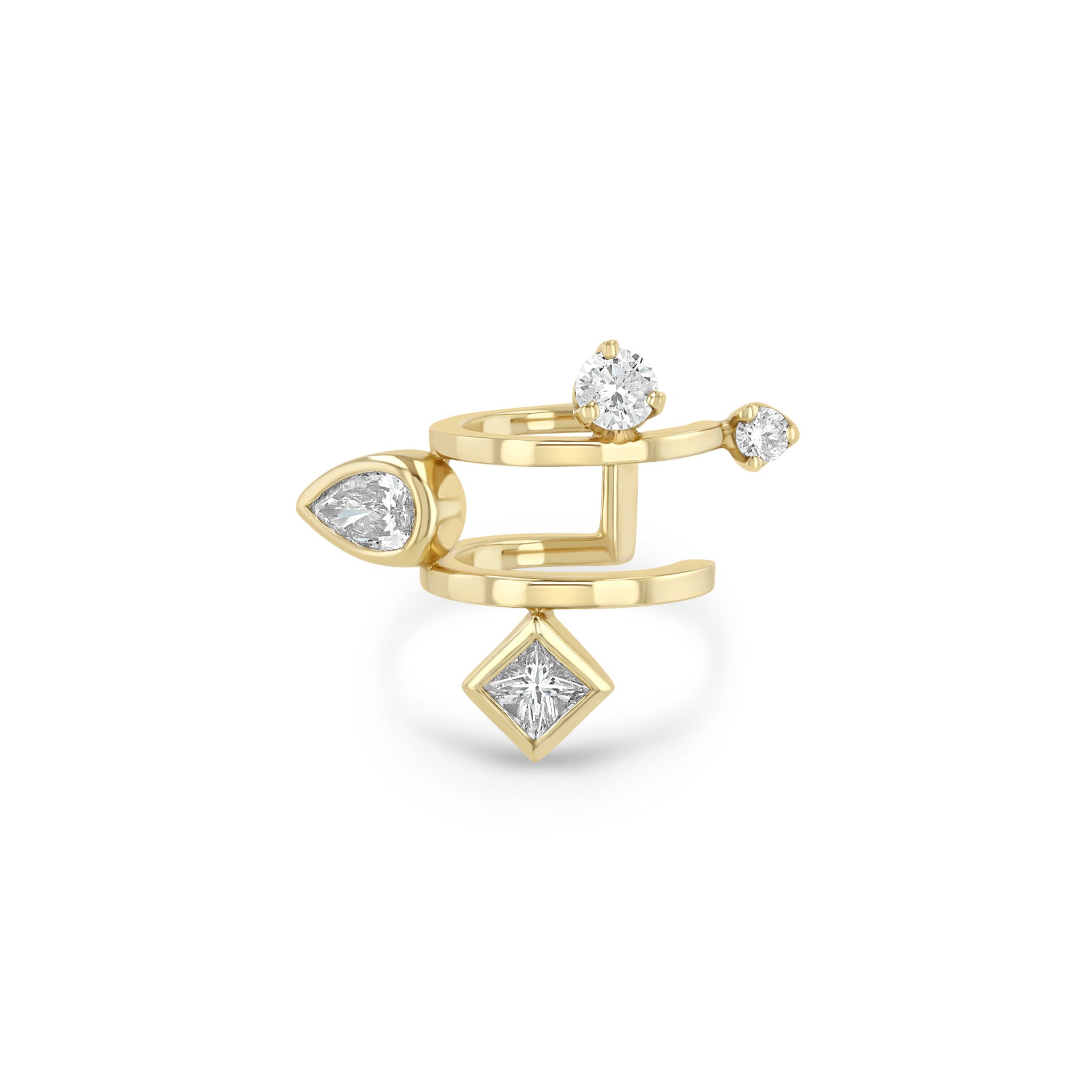 Zoe Chicco 14k gold double ear cuff with different shaped diamonds on a white background