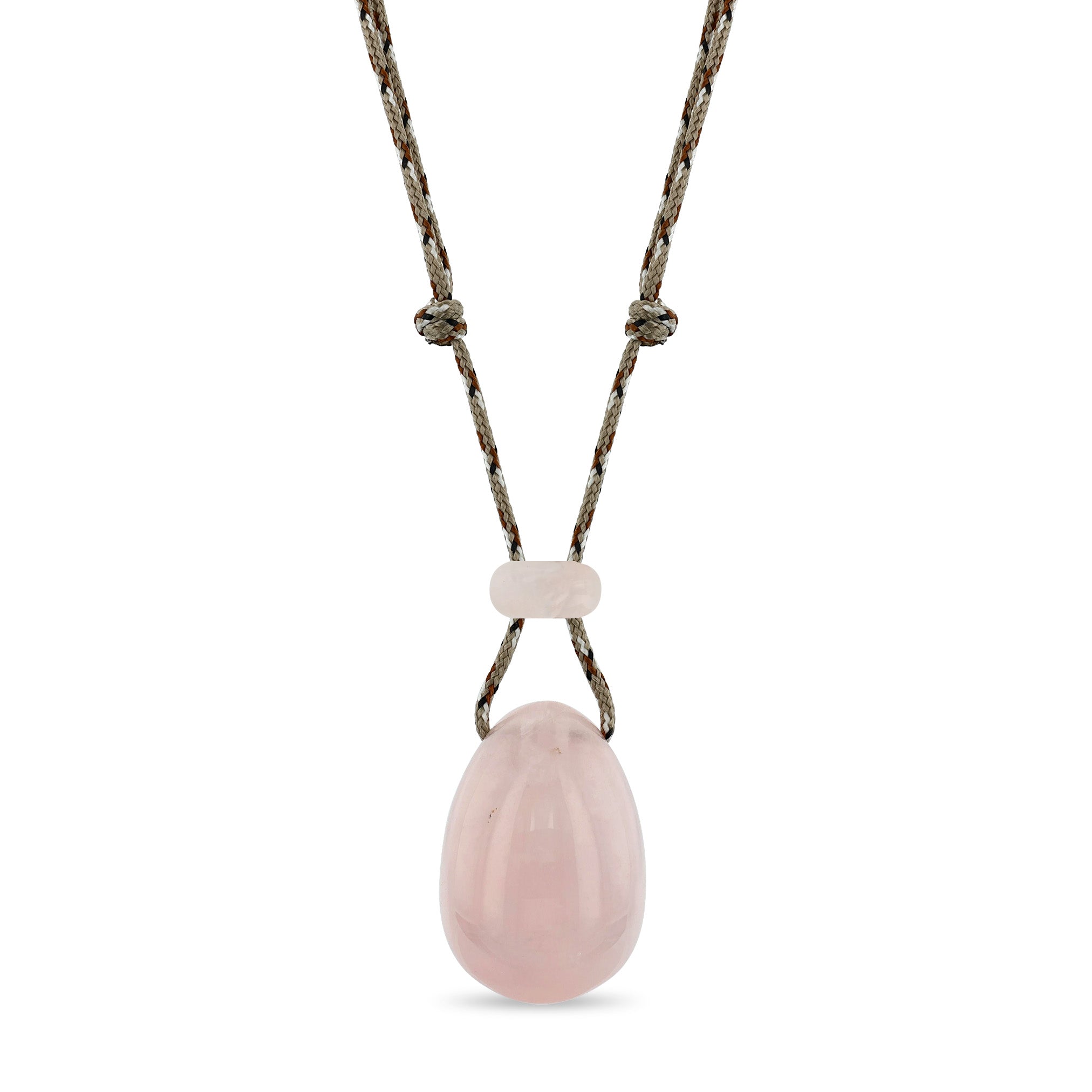 Zoe Chicco large rose quartz gemstone egg with a slider bead on a camo paracord necklace on a white background