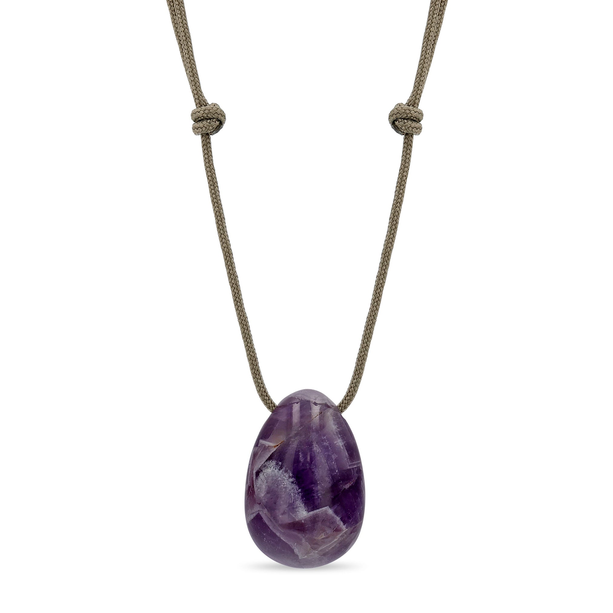 Zoe Chicco tan paracord necklace with a large amethyst egg-shaped gemstone on a white background