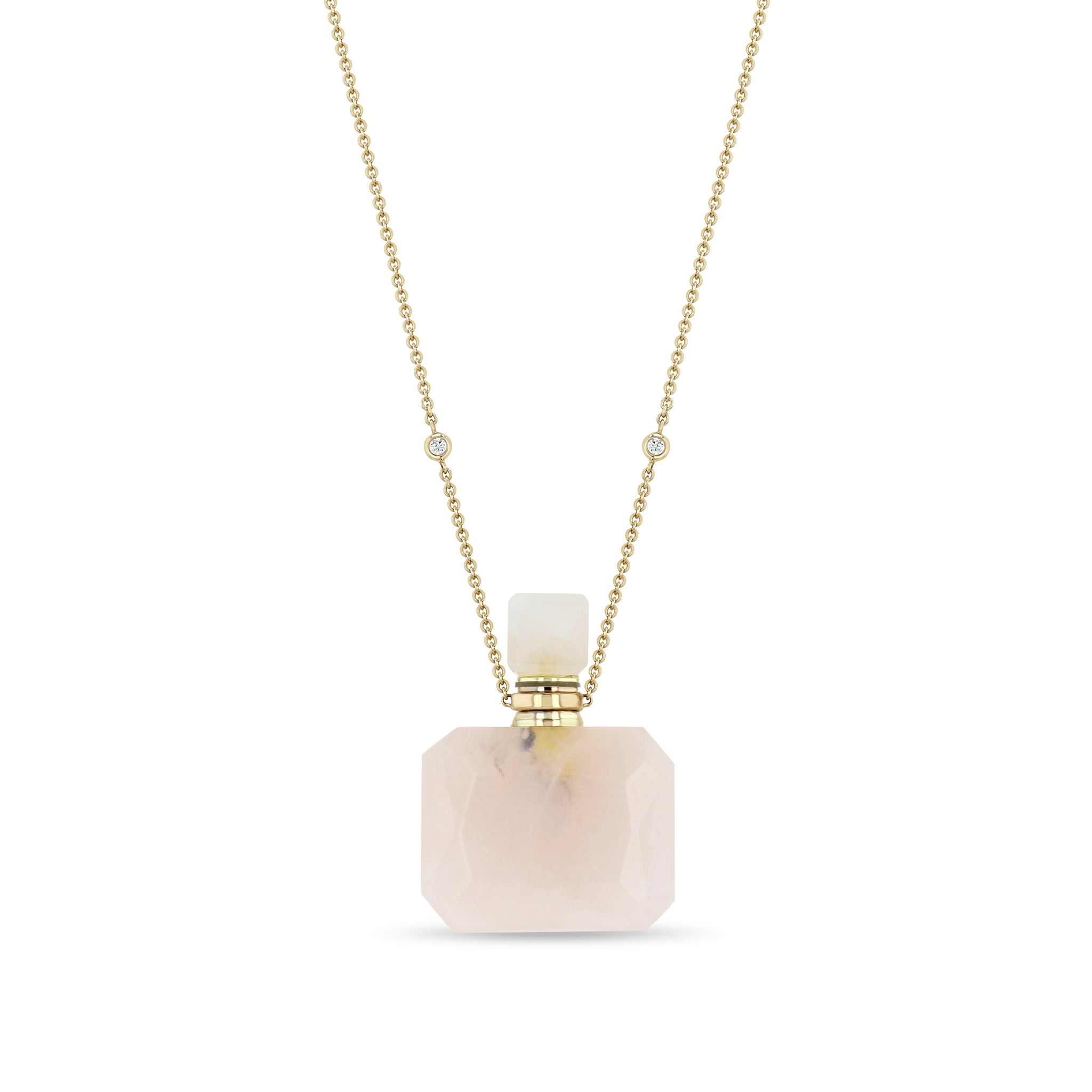 Zoe Chicco 14k gold rose quartz gemstone square shaped perfume bottle necklace with two floating diamonds set in the chain on a white background