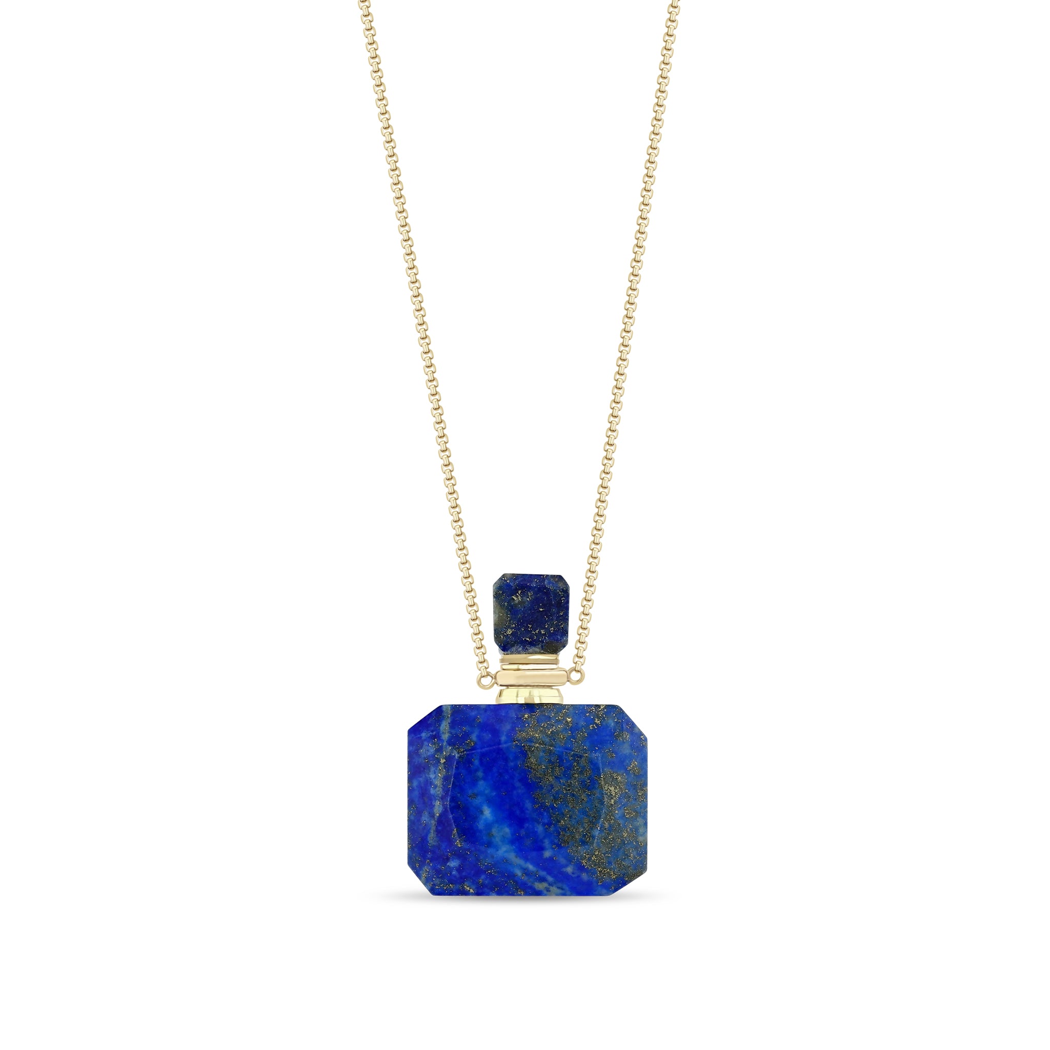 Zoe Chicco 14k gold lapis lazuli gemstone square shaped perfume bottle on a white background