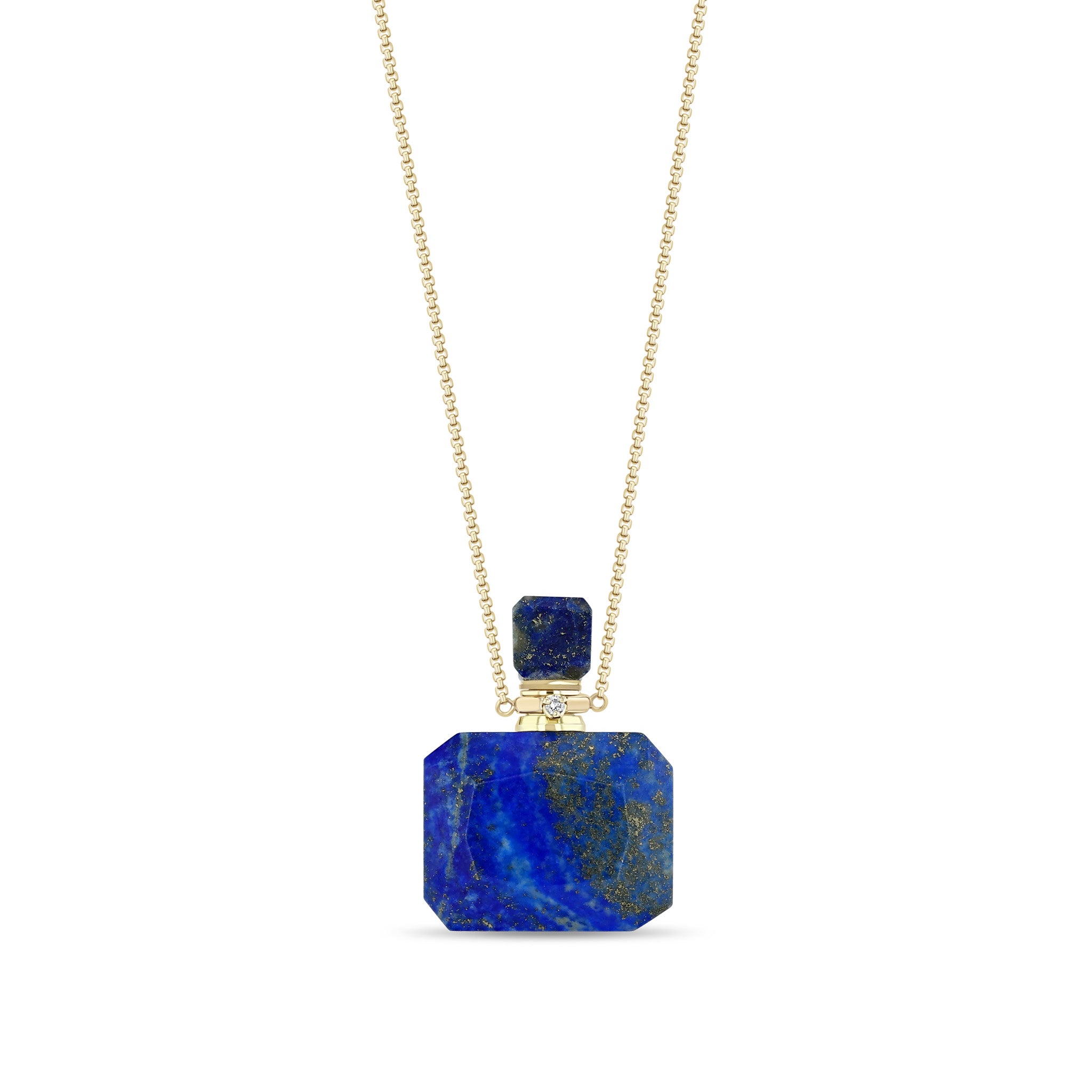 Zoe Chicco 14k gold lapis lazuli gemstone square shaped perfume bottle with a single diamond on a white background