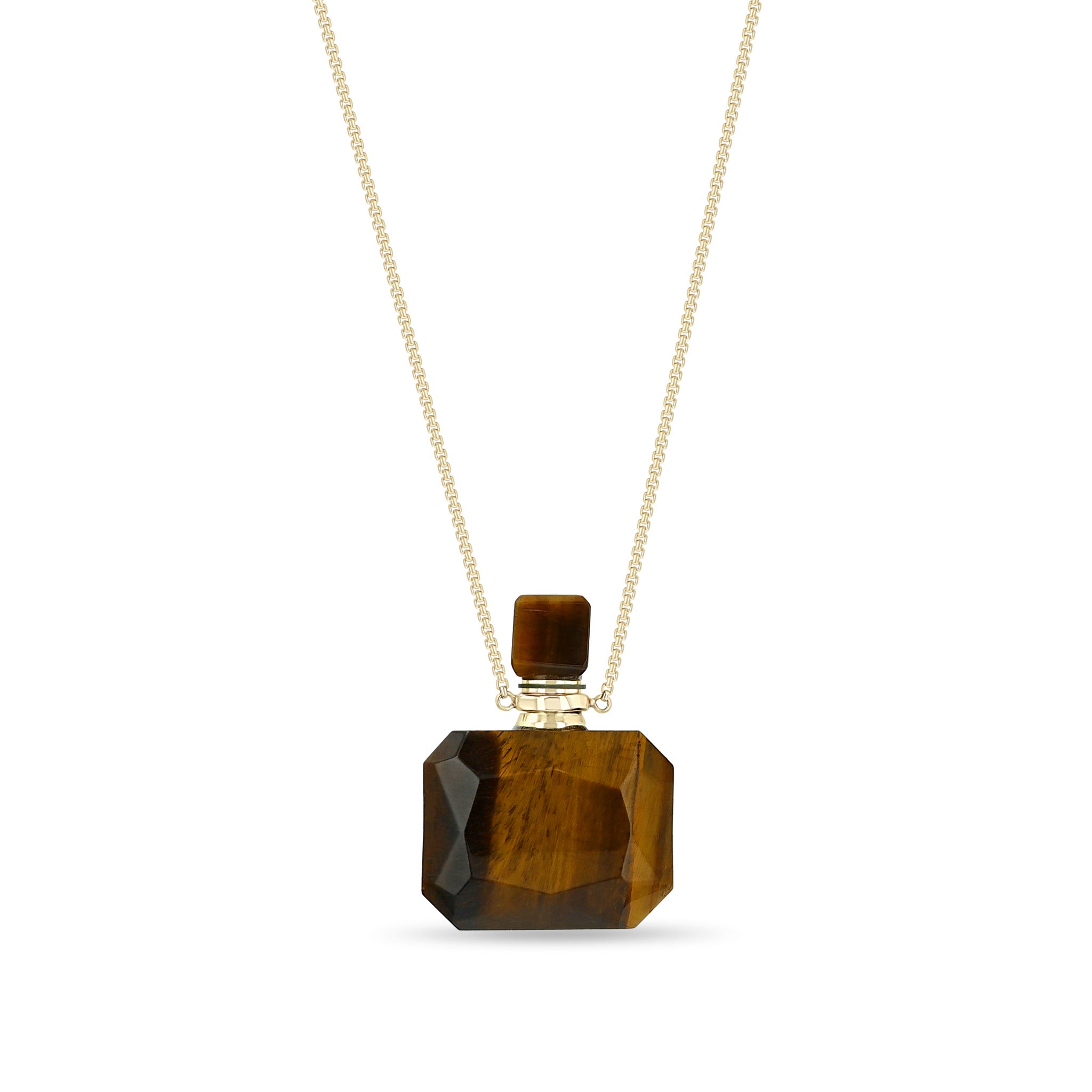Zoe Chicco 14k gold tiger's eye gemstone square shaped perfume bottle on a white background