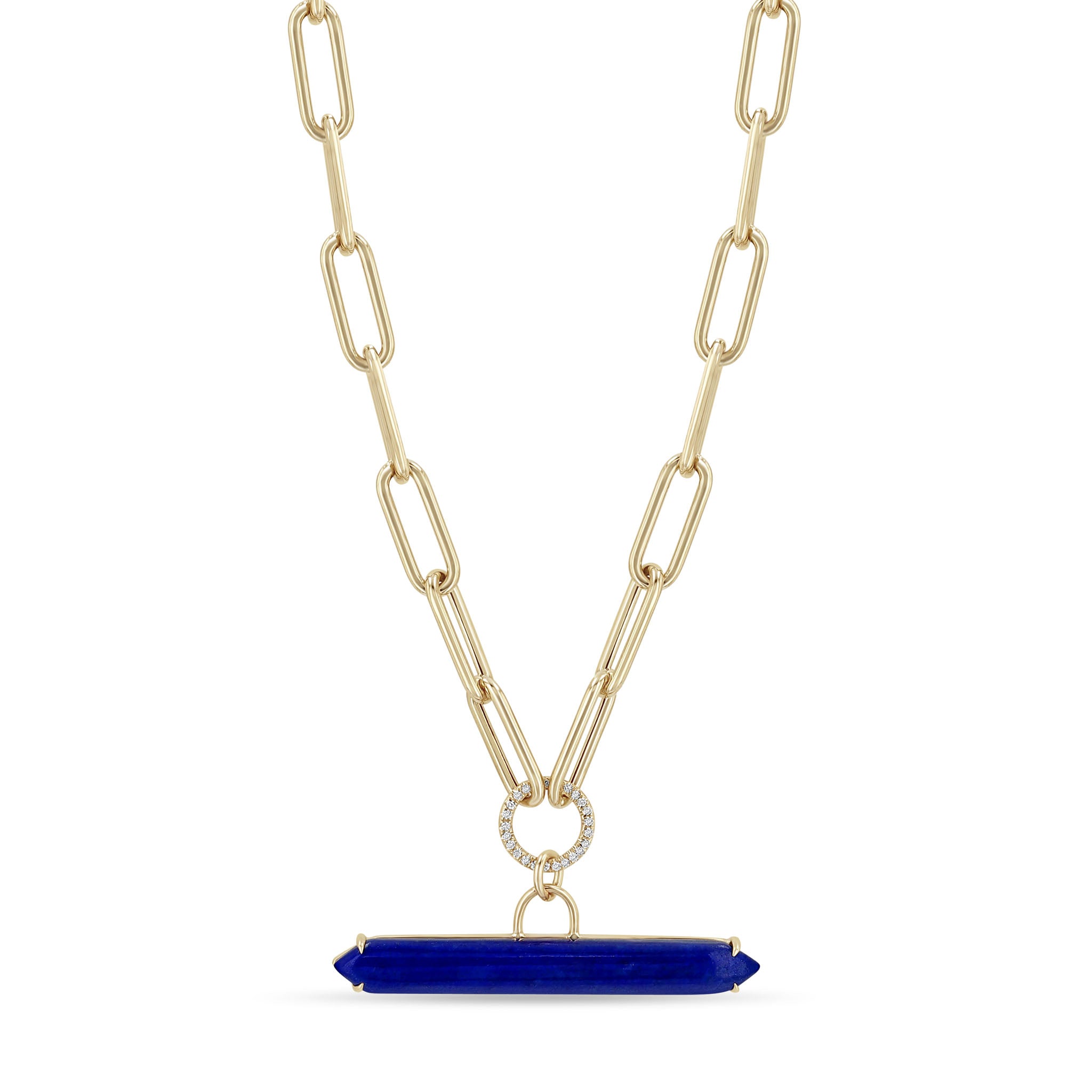 Zoe Chicco 14k Lapis Bar & Pavé Diamond Circle Large Paperclip Chain Necklace
