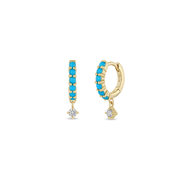 Zoë Chicco 14k Gold Dangling Diamond Prong Set Turquoise Hinge Huggie Hoop Earrings