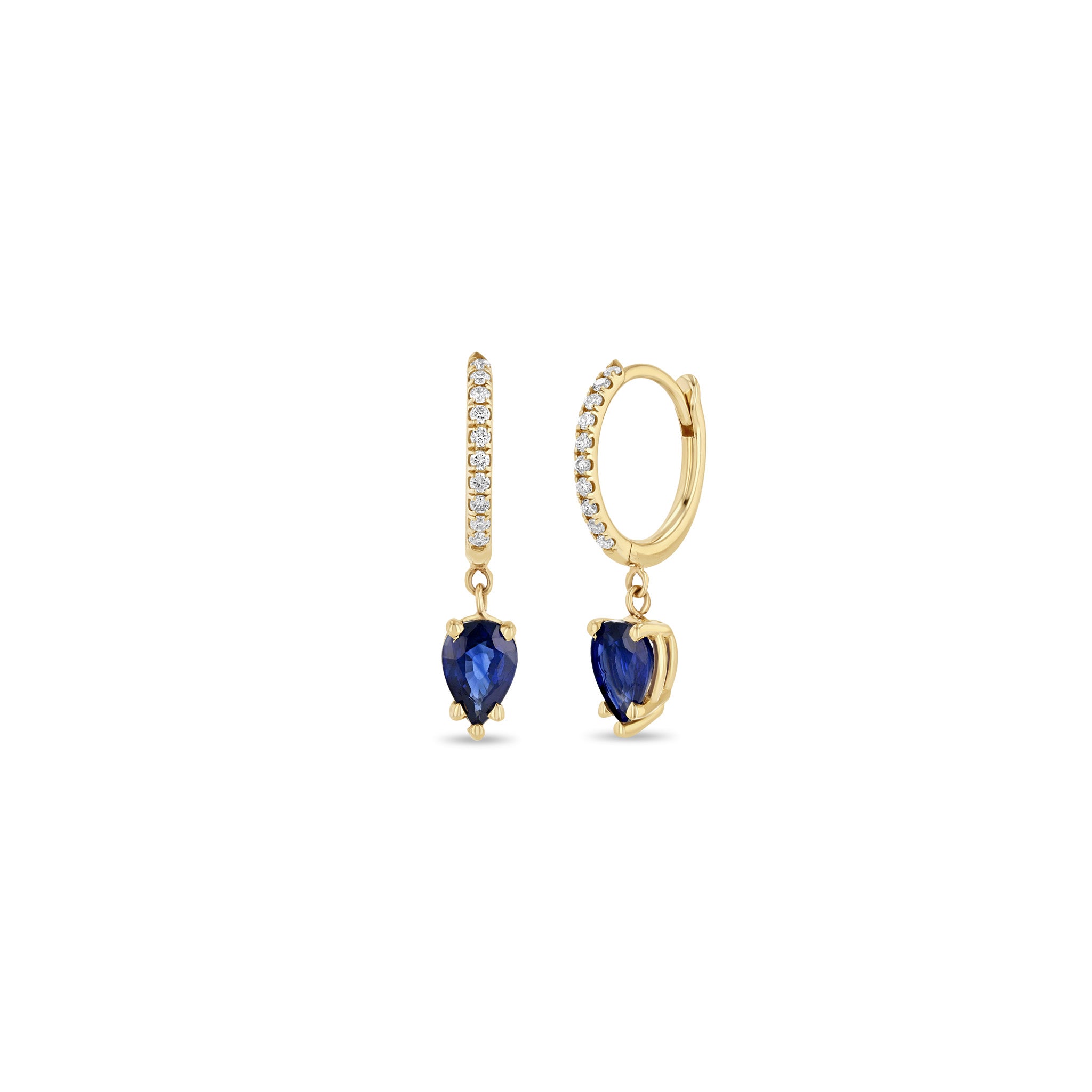 Zoë Chicco 14k Gold Medium Pavé Diamond Hinge Huggie Hoops with Pear Blue Sapphires