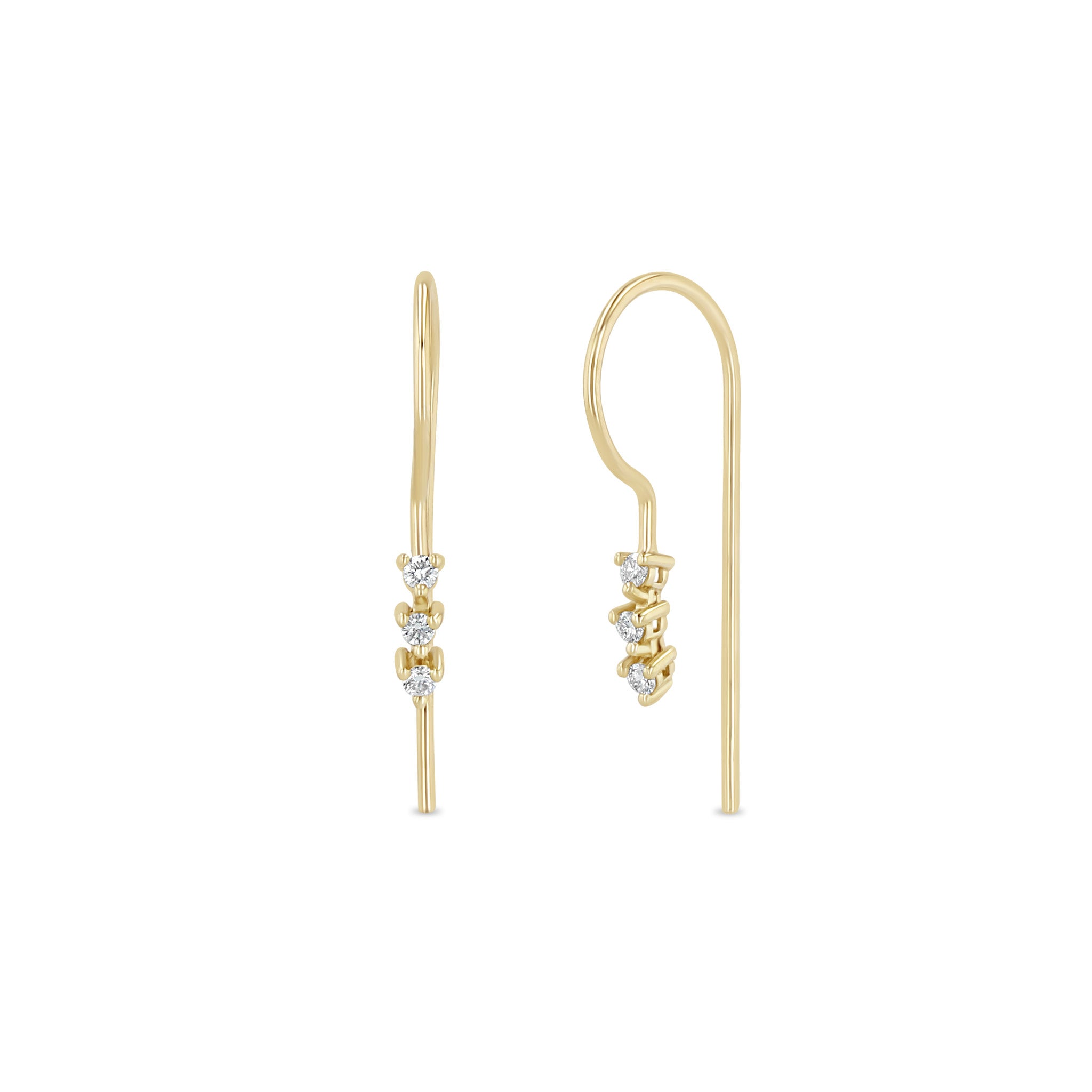 Zoe Chicco 14k gold wire threader earrings with three round diamond tennis segment on a white background