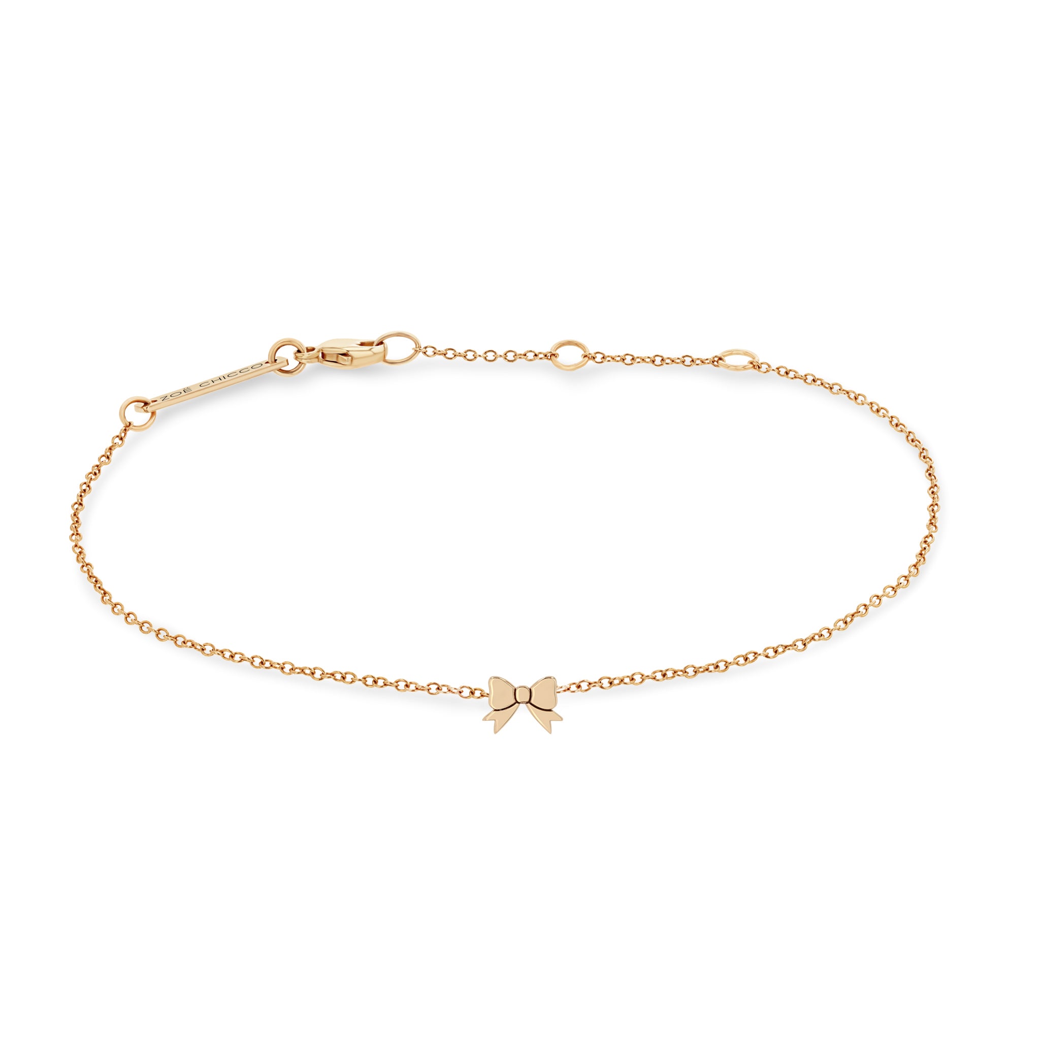 Zoe Chicco 14k rose gold itty bitty bow chain bracelet on a white background