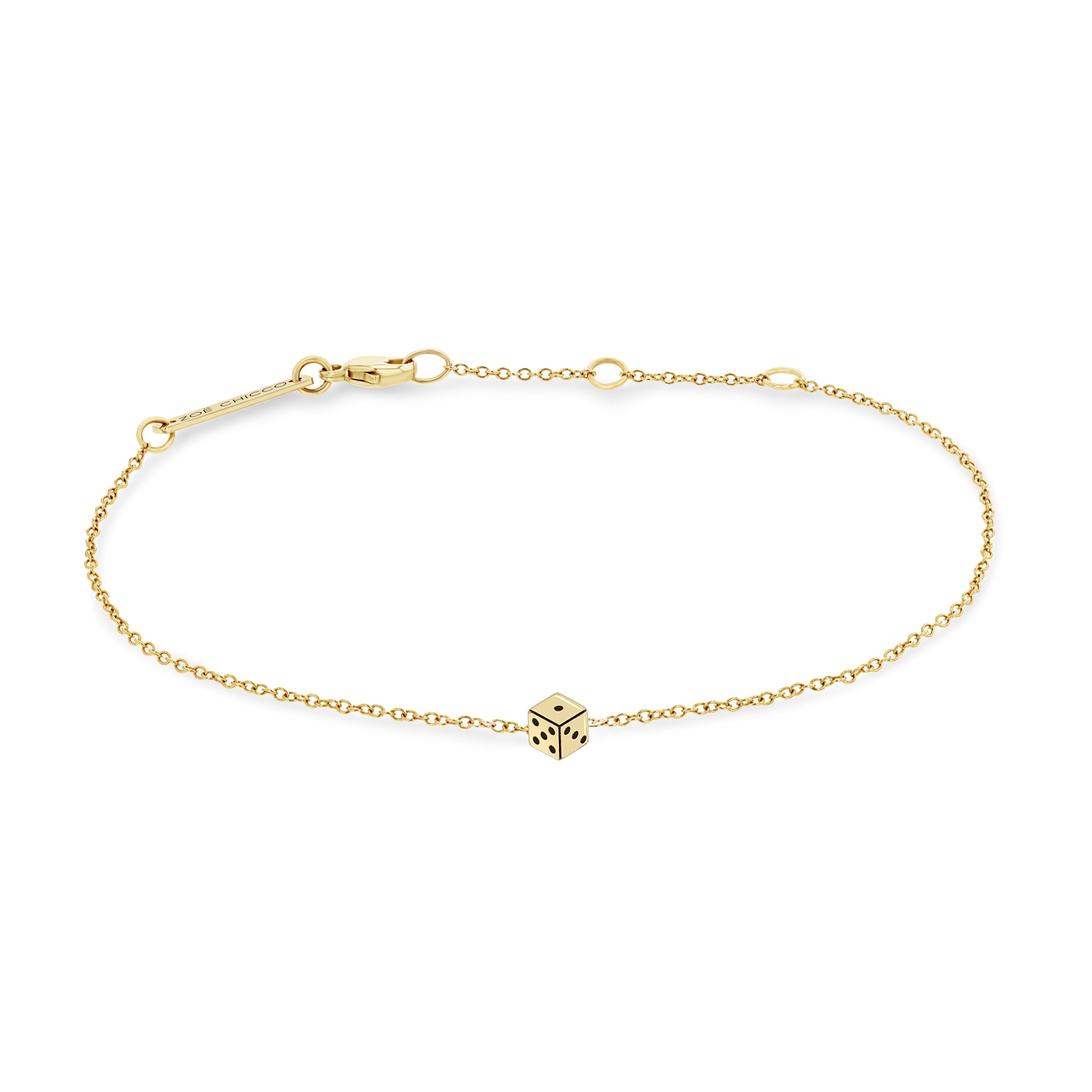 Zoe Chicco 14k gold itty bitty dice chain bracelet on a white background