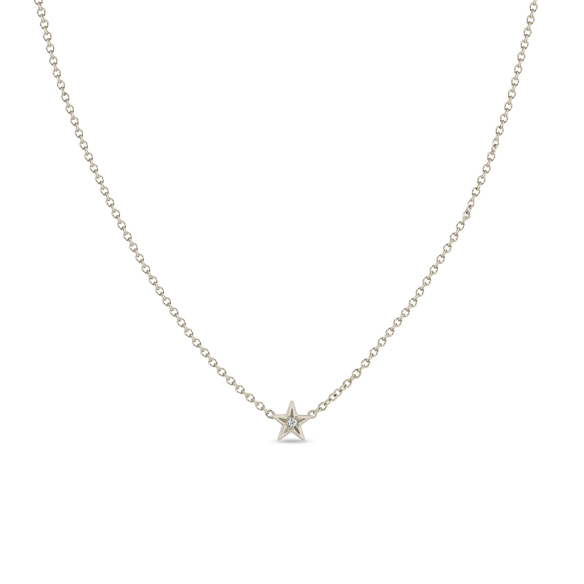 Zoe Chicco 14k white gold itty bitty star necklace with a star set diamond in the center on a white background