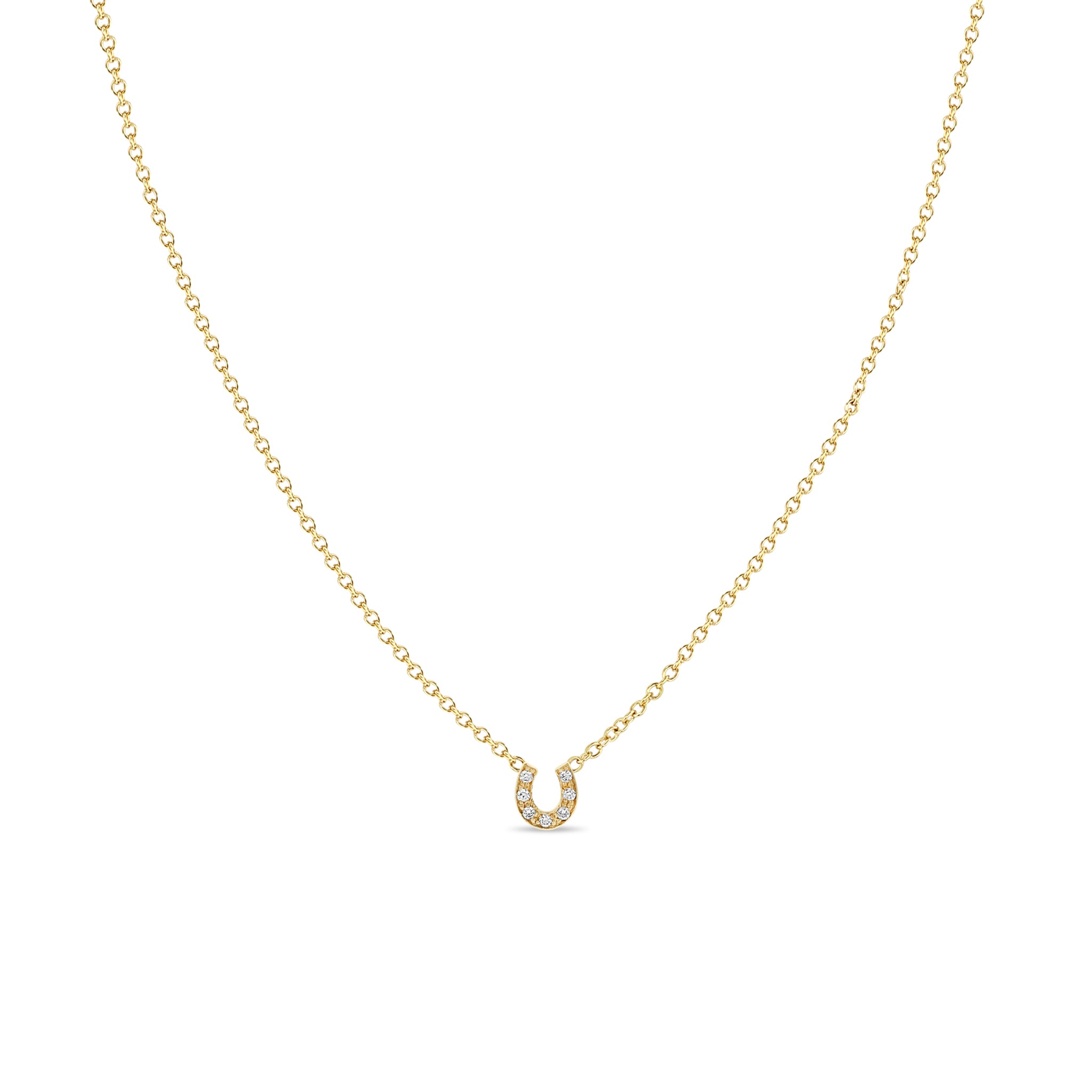 Zoe Chicco 14k gold pave diamond horseshoe pendant chain necklace on a white background