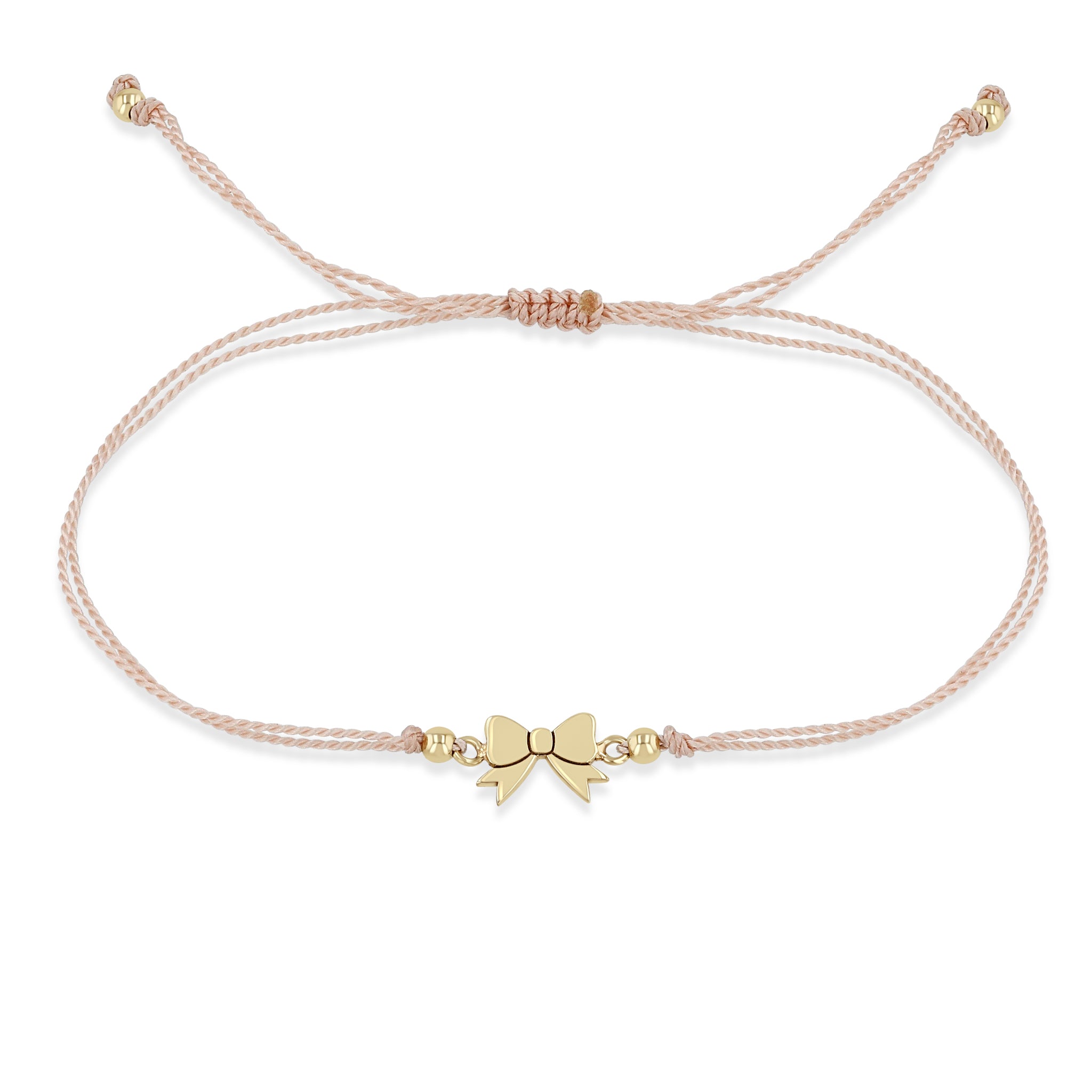 Zoe Chicco 14k gold midi bitty bow on a pink cord bracelet with gold ball accents on a white background