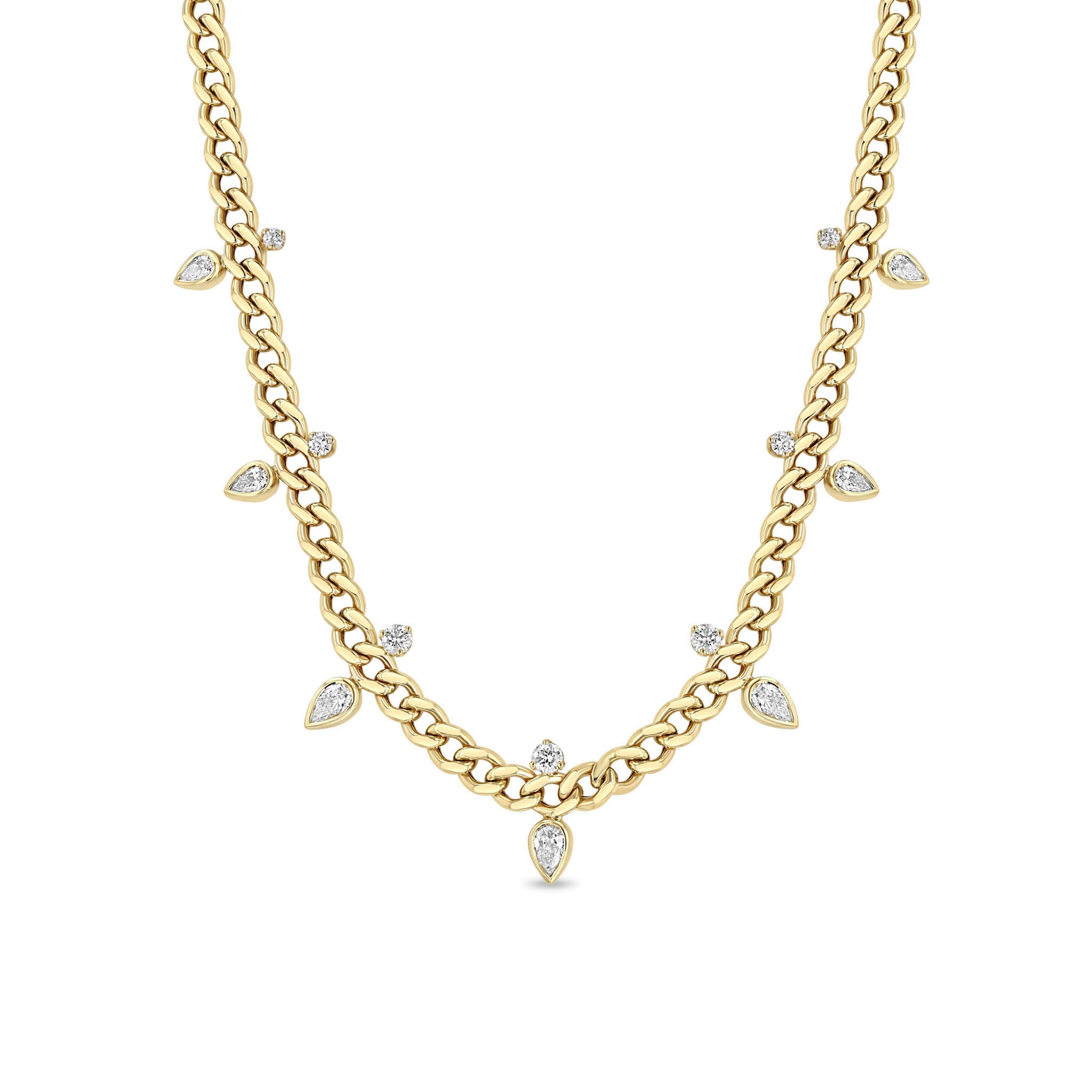 Zoë Chicco 14k Gold Graduated Stacked Pear & Round Diamond Medium Curb Chain Necklace