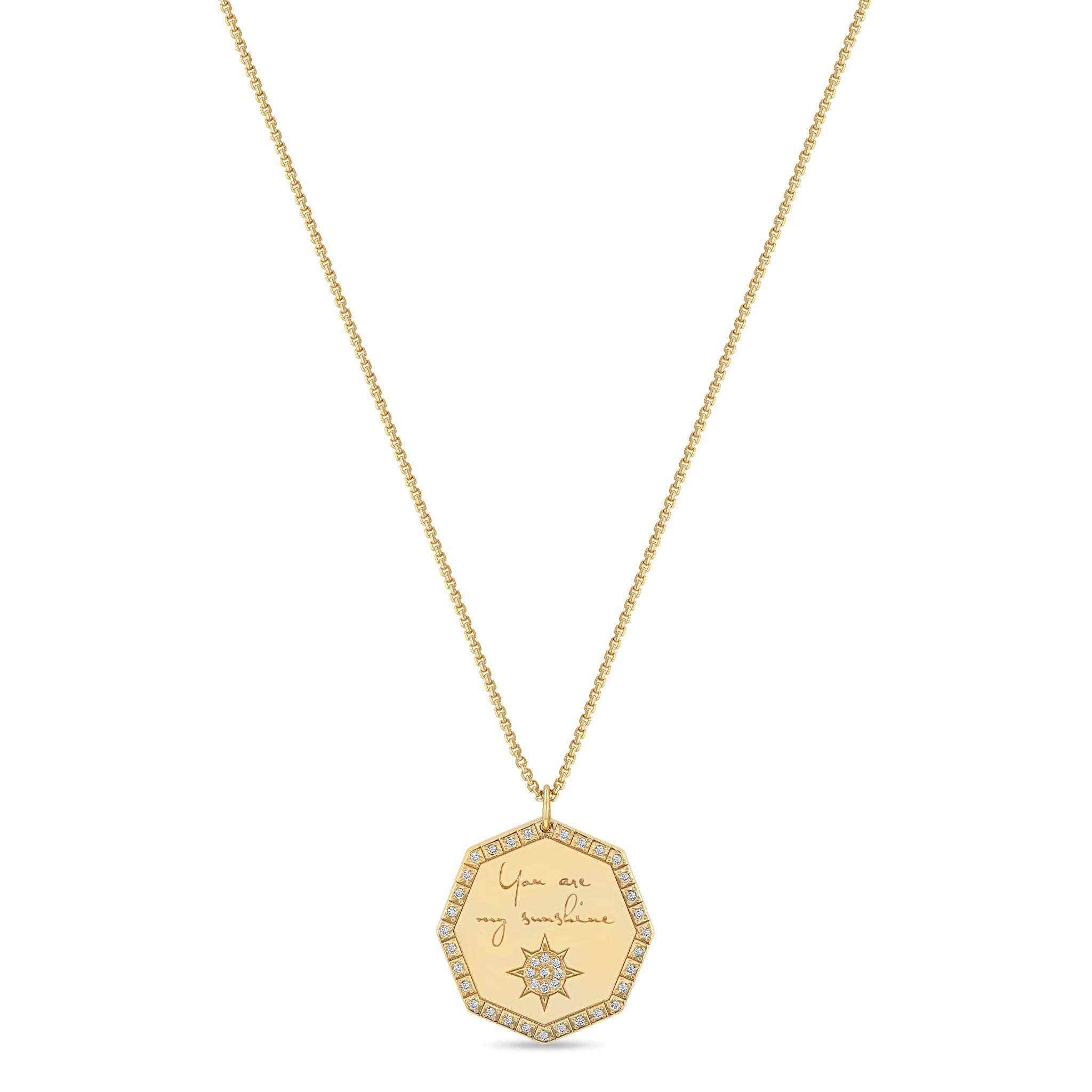 Zoë Chicco 14k Gold Medium "You are my sunshine" Diamond Octagon Mantra Box Chain Necklace