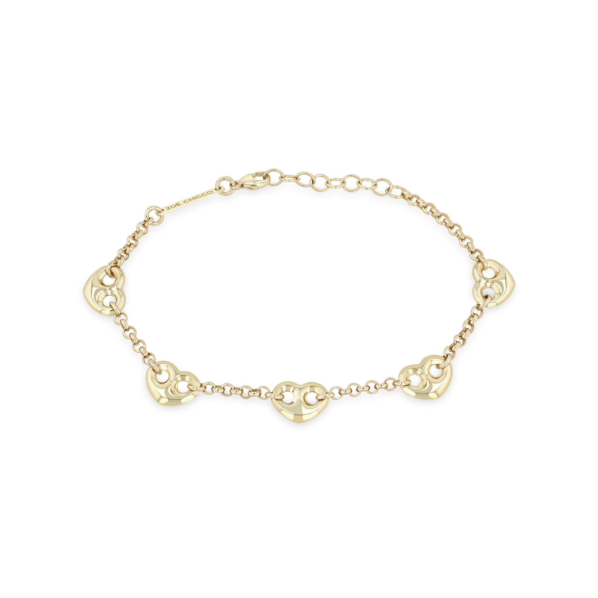 Zoe Chicco 14k Medium Puffed Heart Mariner Station Small Rolo Chain Bracelet on a white background