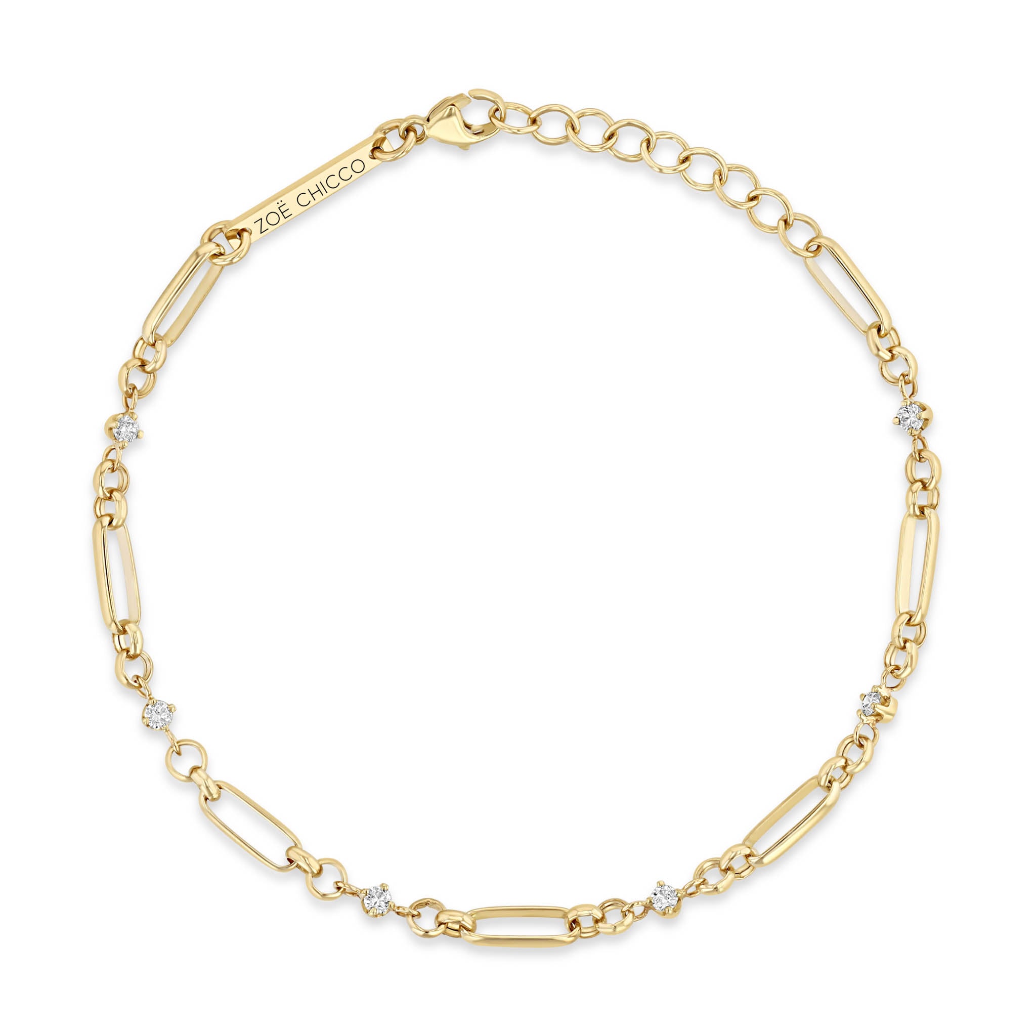 top down view of a Zoë Chicco 14k Gold Linked Prong Diamond & Medium Paperclip Rolo Chain Bracelet