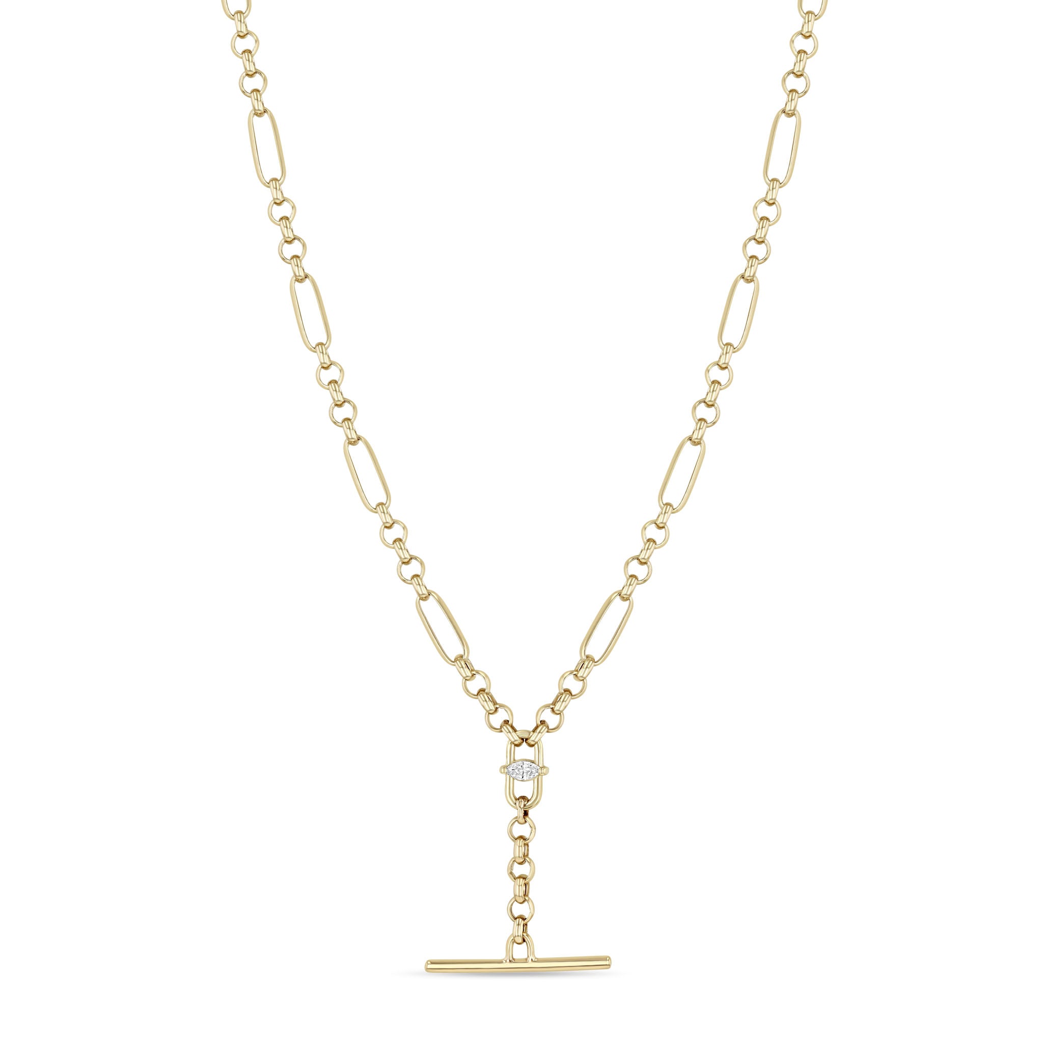 Zoë Chicco 14k Gold Medium Paperclip Rolo Chain Marquise Diamond Toggle Lariat Necklace